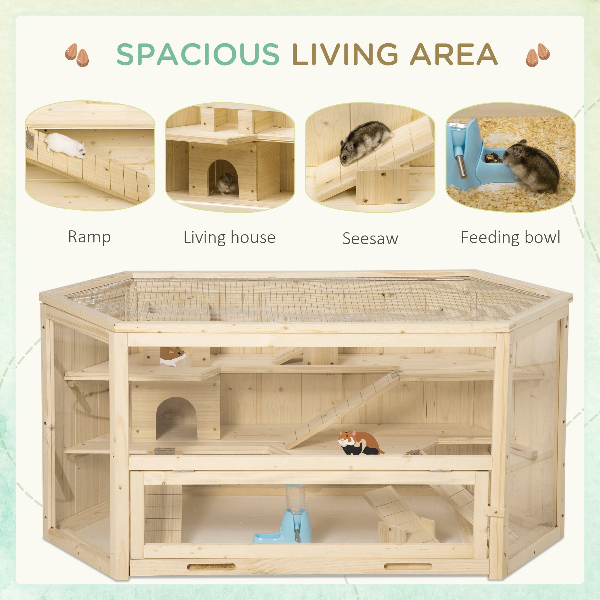 Wooden Large Hamster Cage Small Animal Exercise Play House 3 Tier with Tray, Seesaws, Water Bottle, Activity Center, Natural - Natural Wood - Image 4