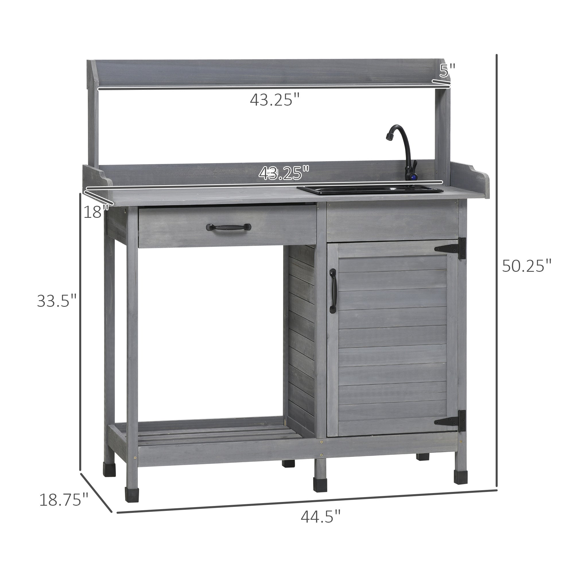 Potting Bench Table with Sink, Outdoor Work Bench Table with Storage Cabinet, Hooks, Removable Sink, Faucet and Drawer for Greenhouse, Garden, Patio, Gray - Gray - Image 3
