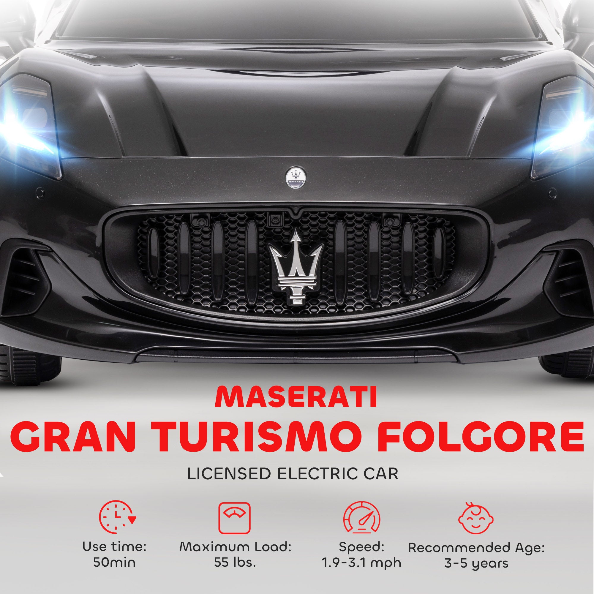 Maserati Gran Turismo Licensed 12V Kids Electric Car w/ Remote Control, Soft Start, LED Lights, Music, Horn, Black