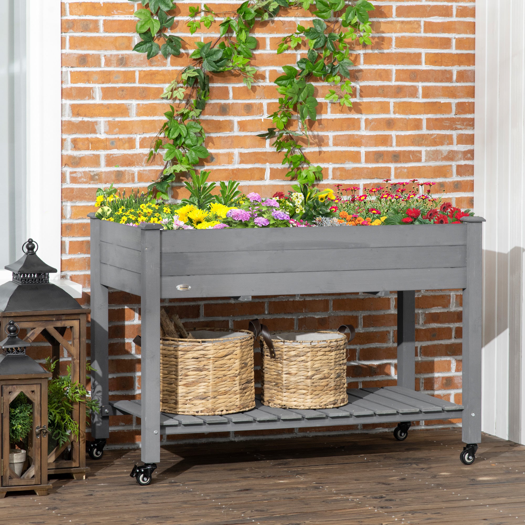 47" x 21" Raised Garden Bed Elevated Wooden Planter Box w/ Lockable Wheels, Storage Shelf for Backyard, Dark Gray - Dark Gray - Image 2
