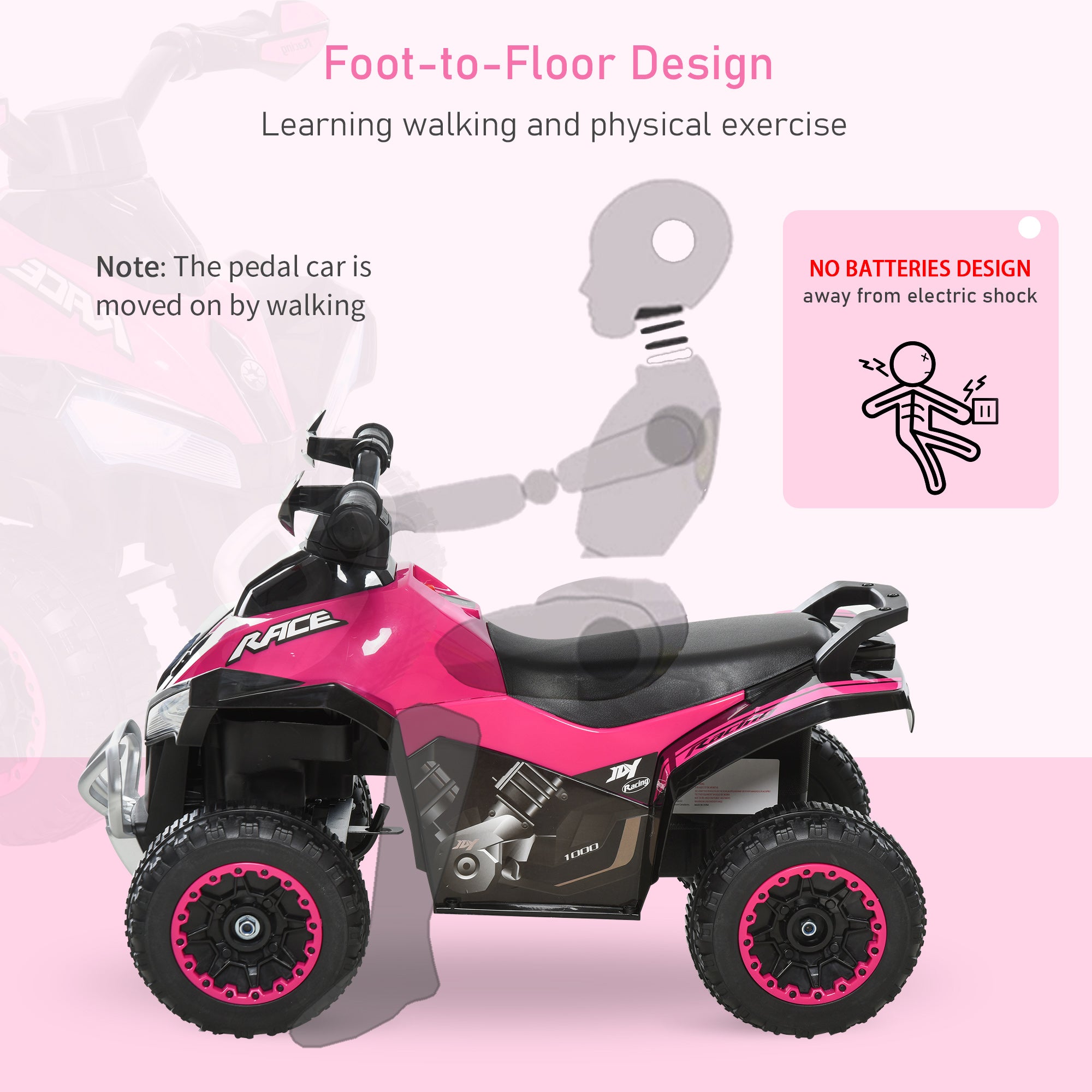NO Power Kids Ride On Push Car, Ride Racer, Foot-to-floor Sliding Car, Walking ATV Toy with Music, Lights, for 1.5-3 Years Old, Pink