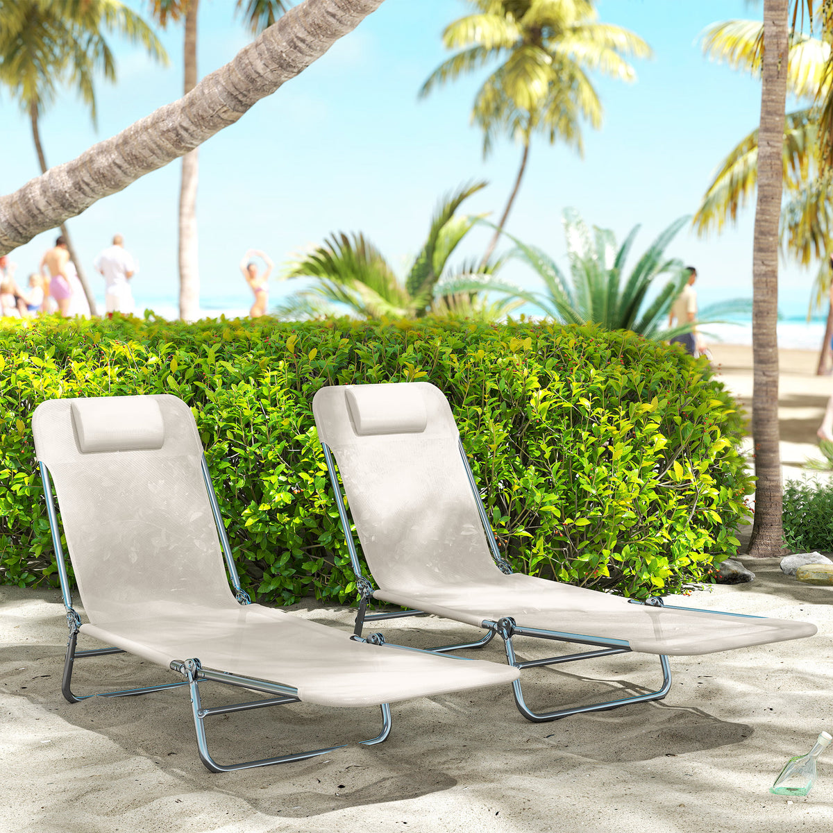 2 Piece Sun Loungers, Folding Chaise Lounge Chairs with Reclining Back, Breathable Mesh Seat, Headrest, Cream White