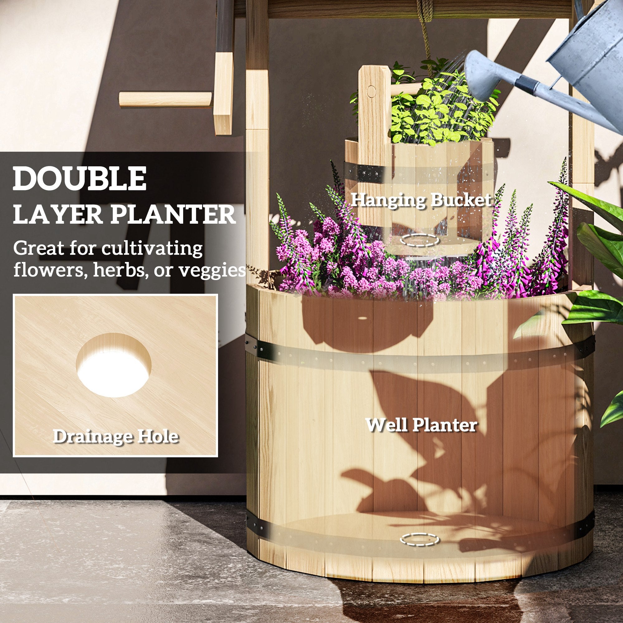 Wood Wishing Well for Outside with Hanging Bucket, Wishing Well Planter with Drain Hole for Garden Patio, Natural - Natural Wood - Image 5