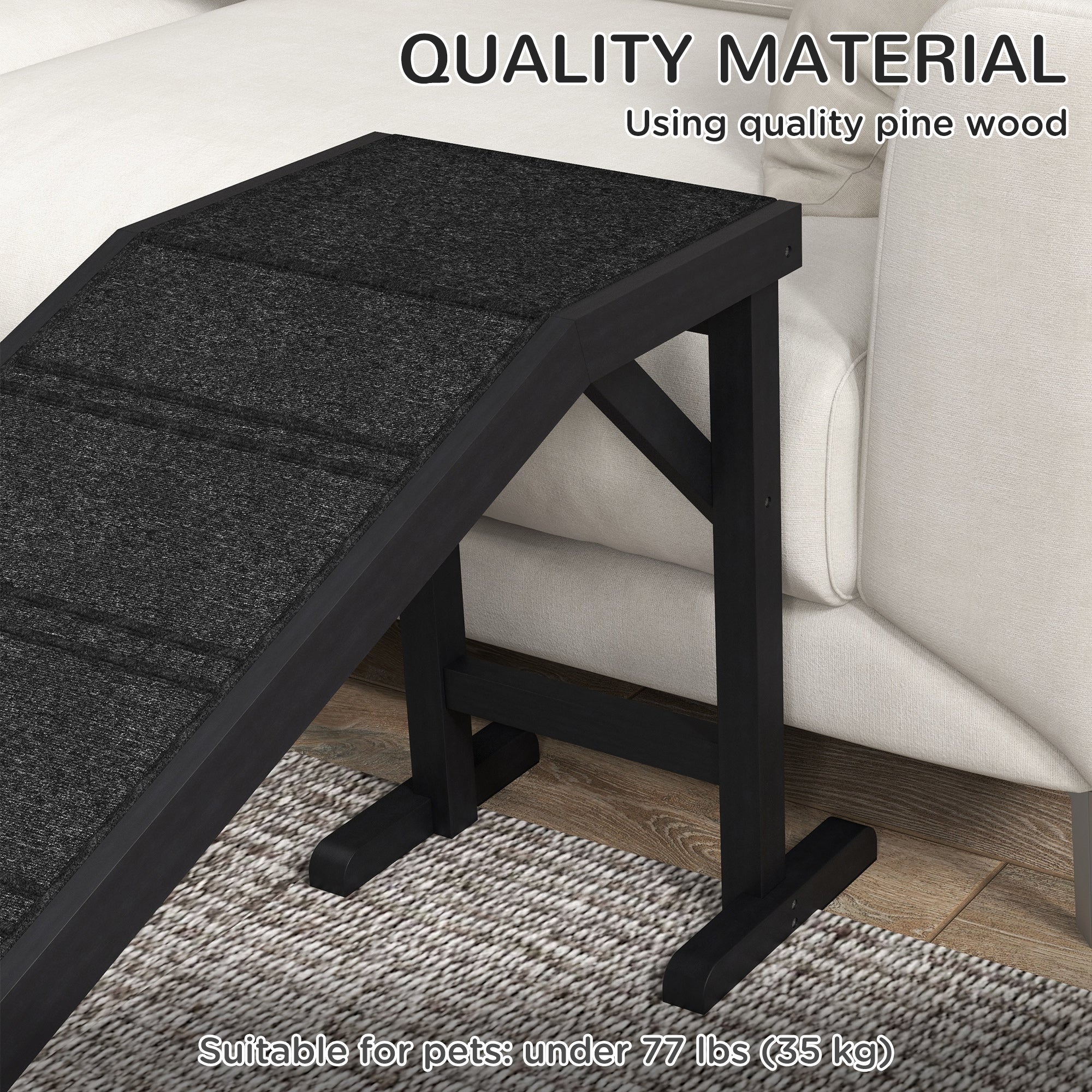 Dog Ramp w/ Non-Slip Carpet and Top Platform, 74" x 16" x 25", Black - Black - Image 4