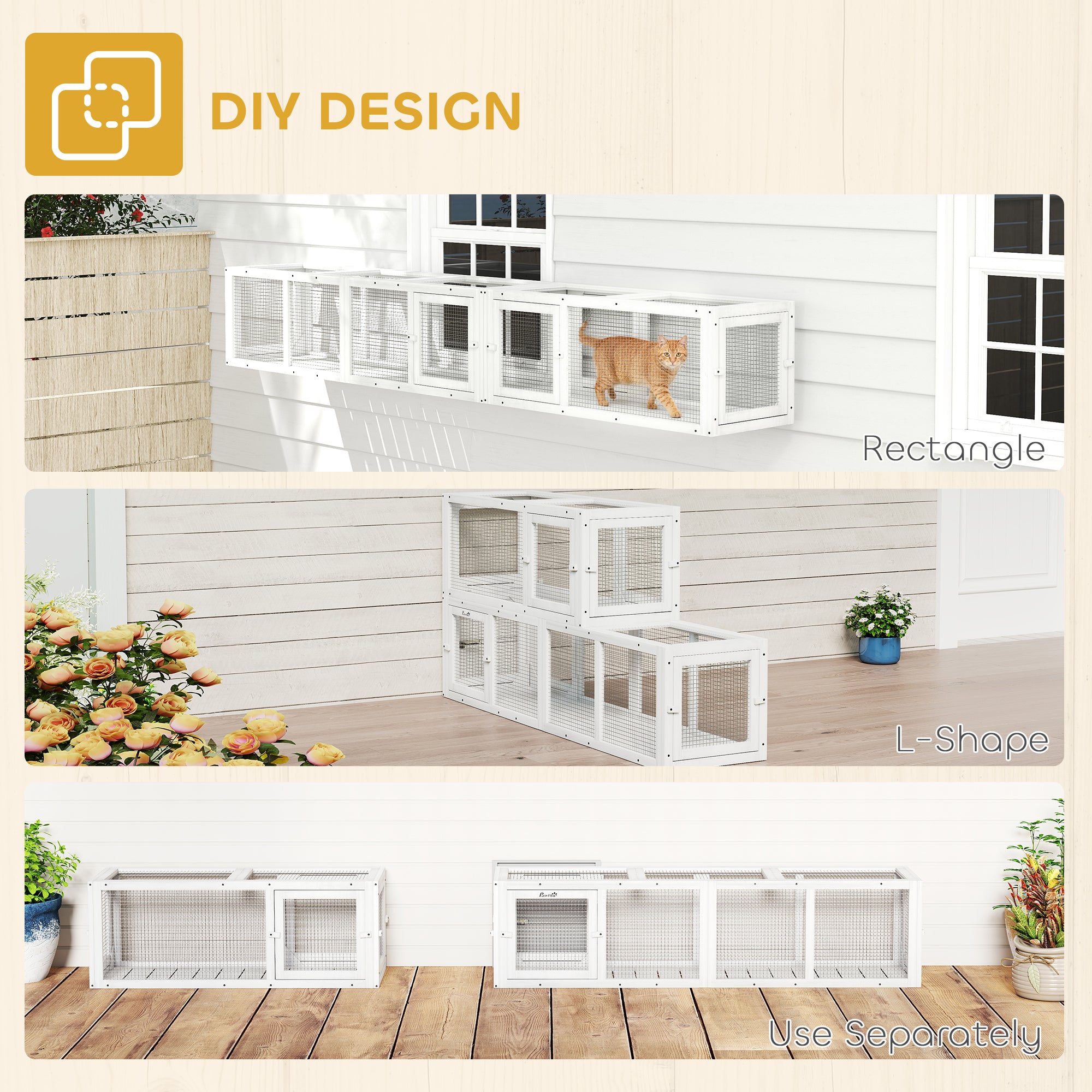 Wooden 98" Cat Tunnel for Outdoor with Combinable Design, 8 Doors, White - White - Image 5