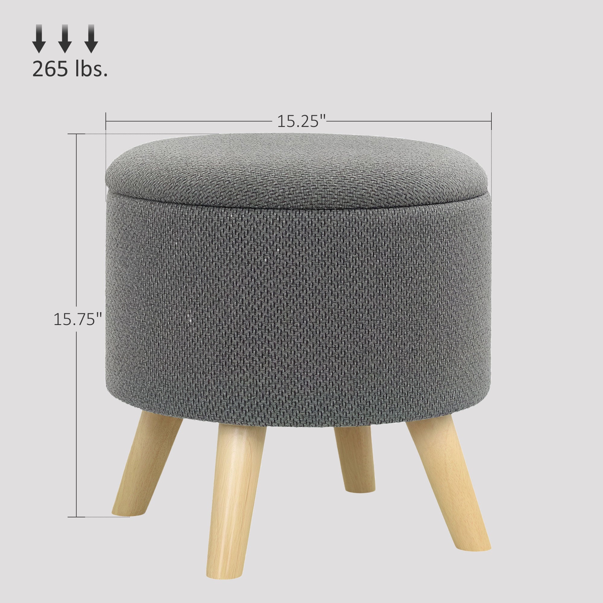 Round Ottoman Stool with Storage, Linen Upholstered Foot Stool with Padded Seat, Hidden Space and Wood Legs, Gray