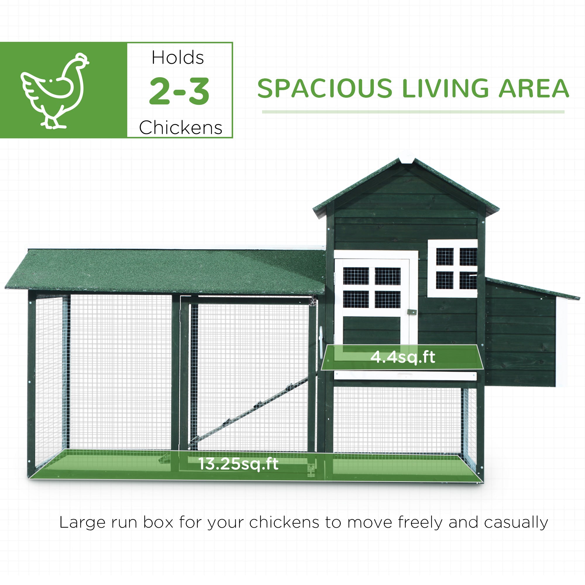 84" Wooden Chicken Coop, Hen House Outdoor with Run Nesting Box, Asphalt Roof, Removable Tray, Ramp, Poultry Cage for 2-3 Chickens, Green - Green - Image 4