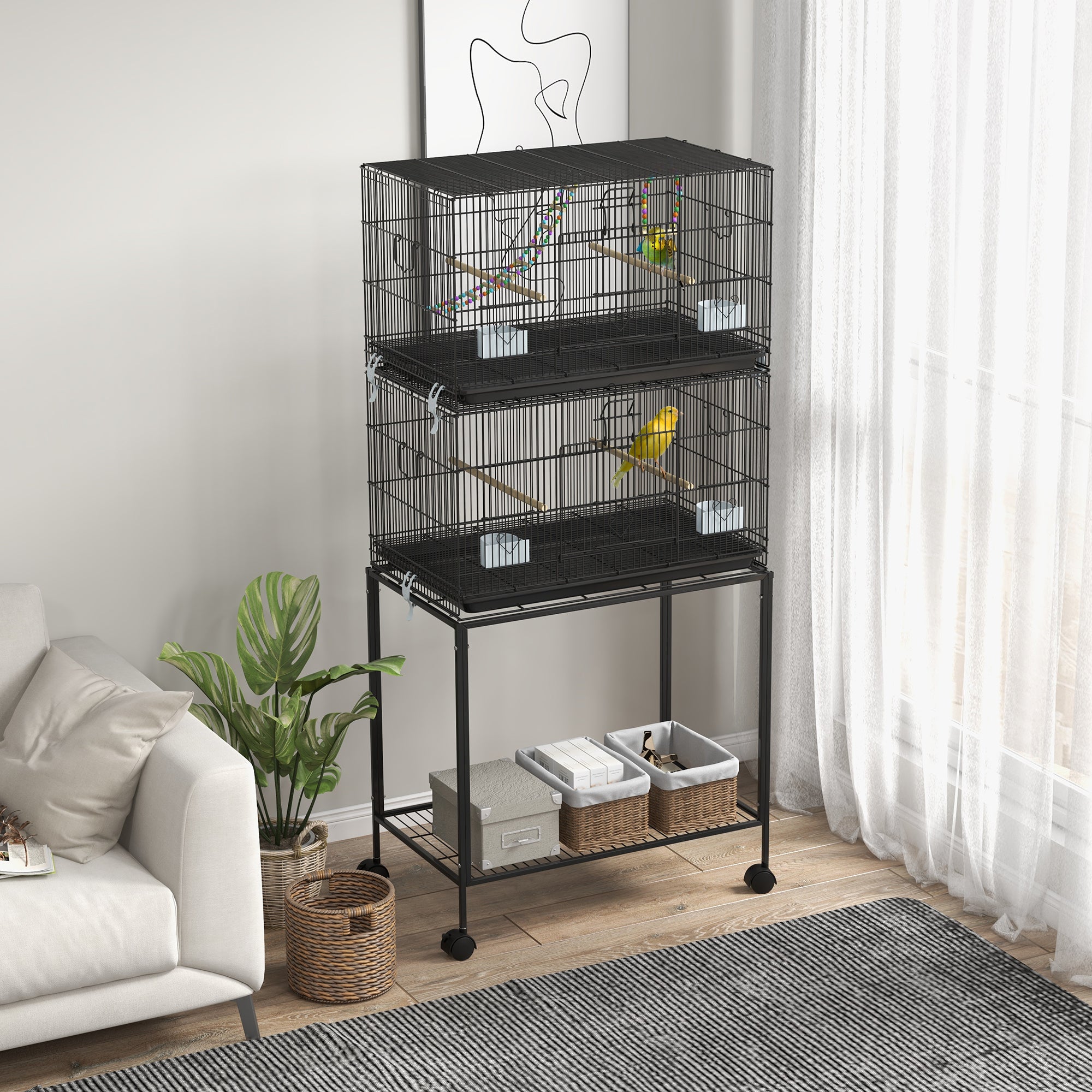 Double Stackable Bird Cage on Wheels w/ Stand, for Canaries - Black - Image 2
