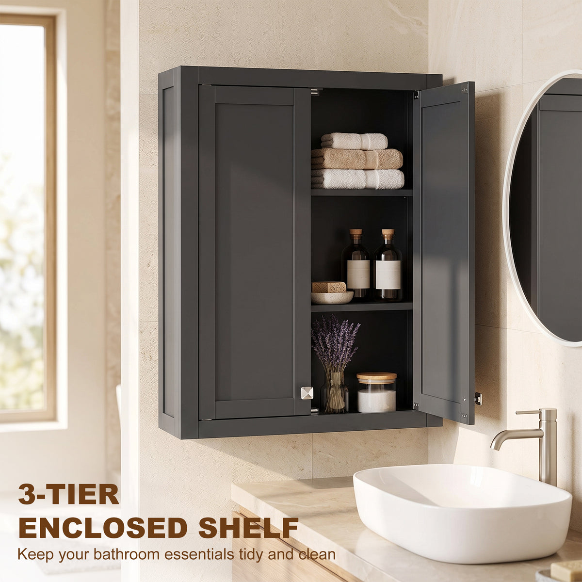 Bathroom Cabinet Wall Mounted, Modern Bathroom Wall Cabinet with 2 Doors and 2 Adjustable Shelves, Black