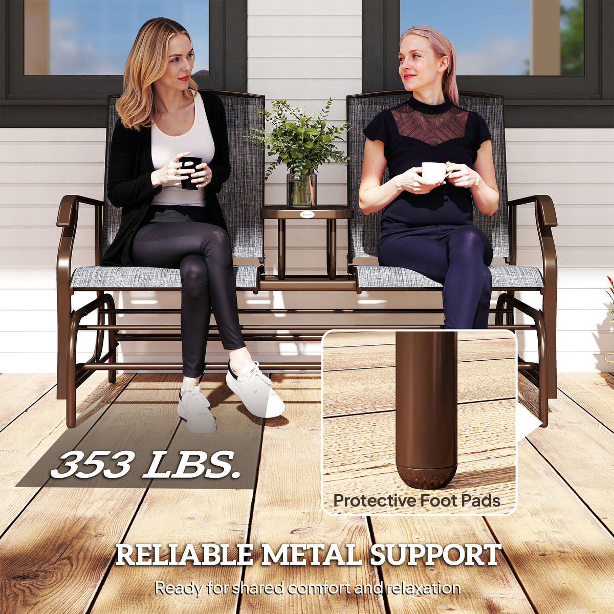 2-Seat Outdoor Glider Swing, Center Coffee Table and Independent Chairs, Supports Up to 352 lbs., Loveseat with Breathable Sling for Backyard, Garden, and Porch, Brown