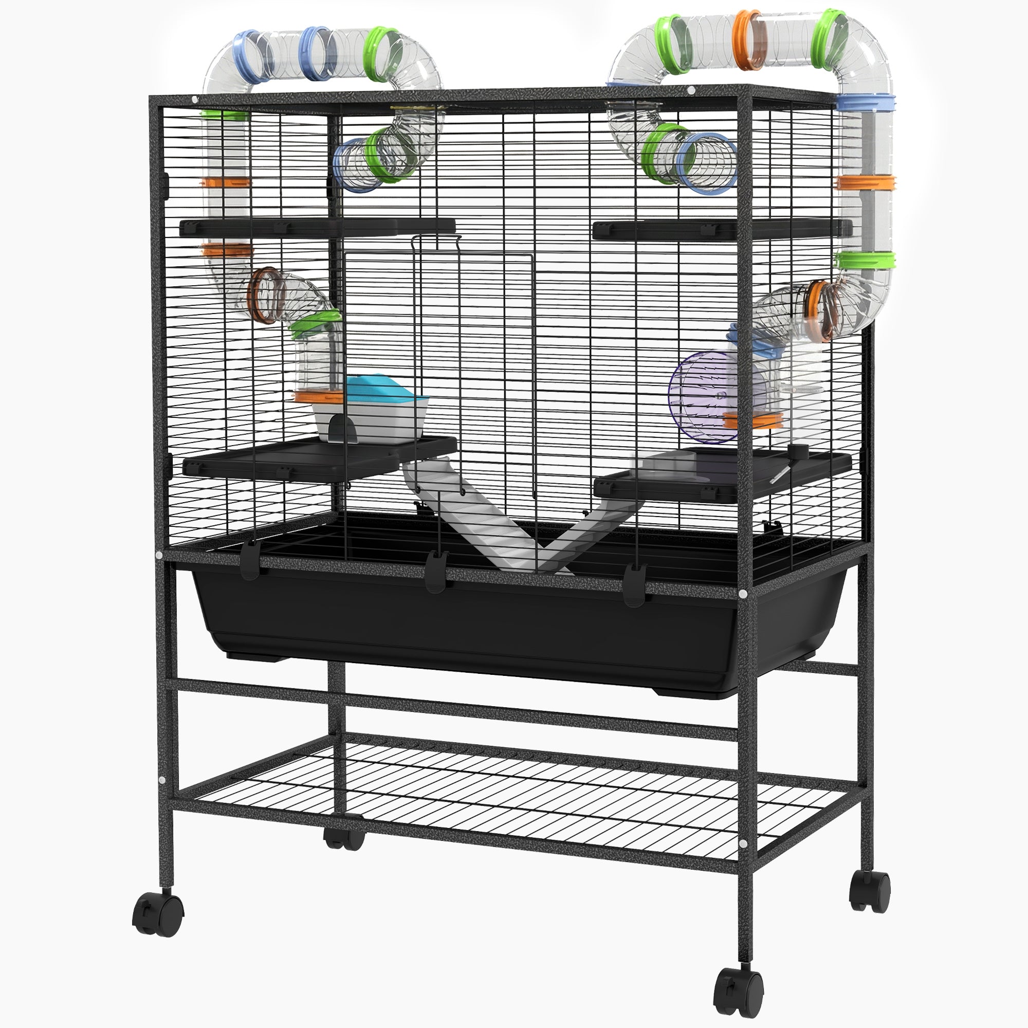 Small Animal Cage for Syrian Hamster, Gerbil Cage with Tubing System, Running Wheel, Ramps, Platforms - Black