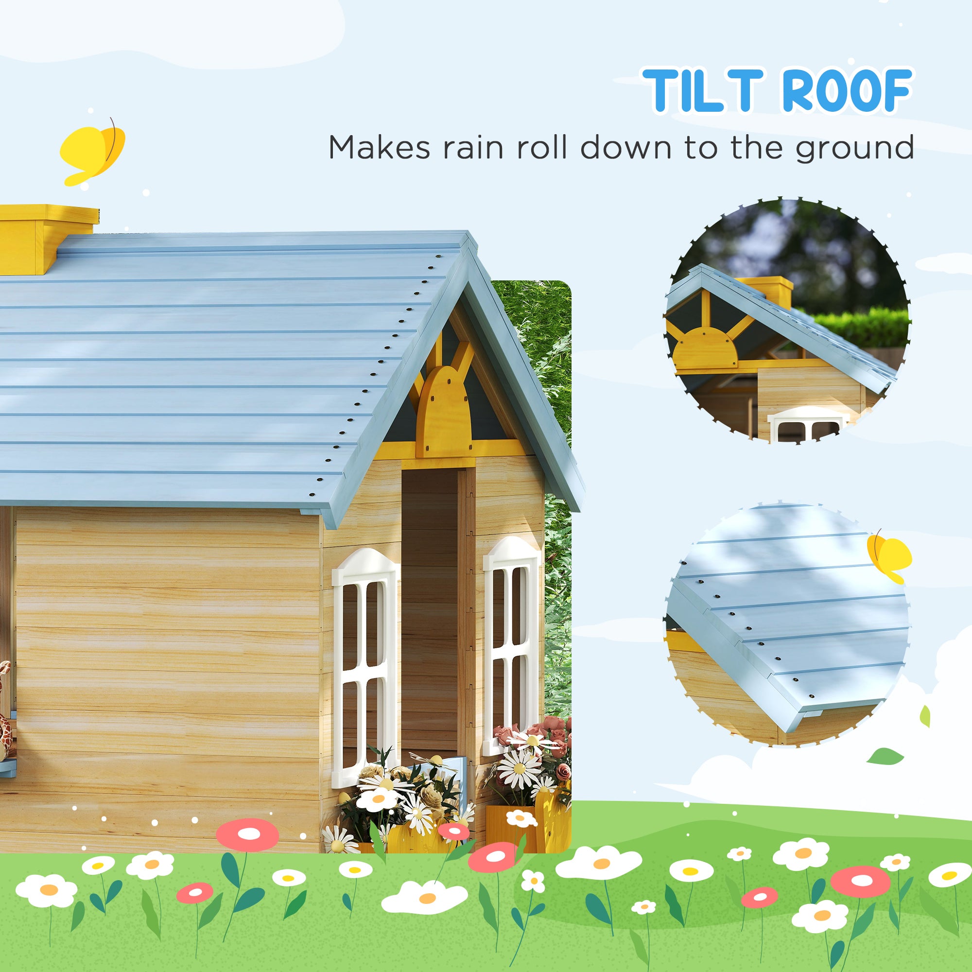 Wooden Playhouse for Kids Outdoor Garden with Working Door, Windows, Bench, Service Station, Flowers Pot Holder, Blue