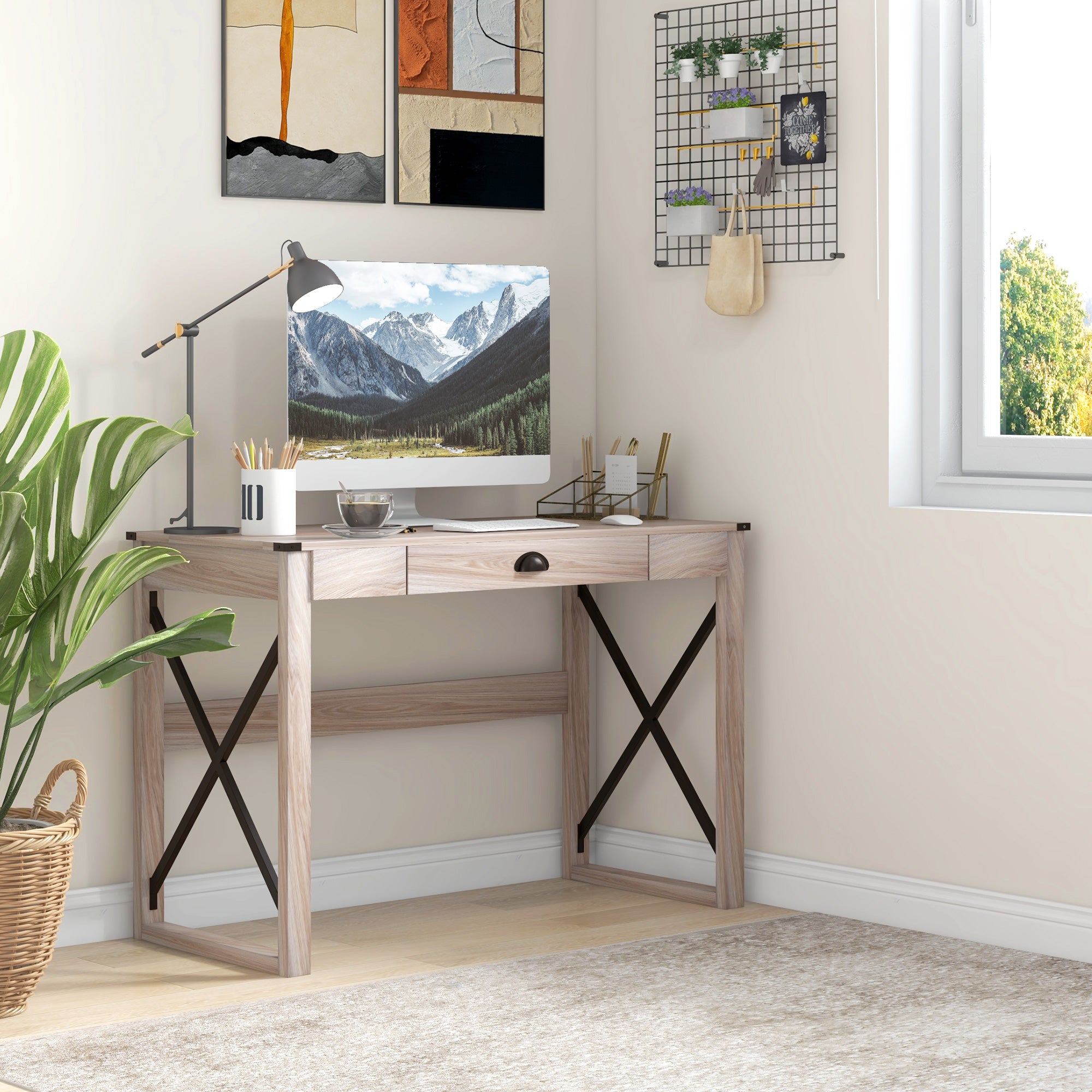 44 inch Home Office Computer Desk, Rustic Writing Desk, Farmhouse Workstation with Storage Drawer, X-Frame