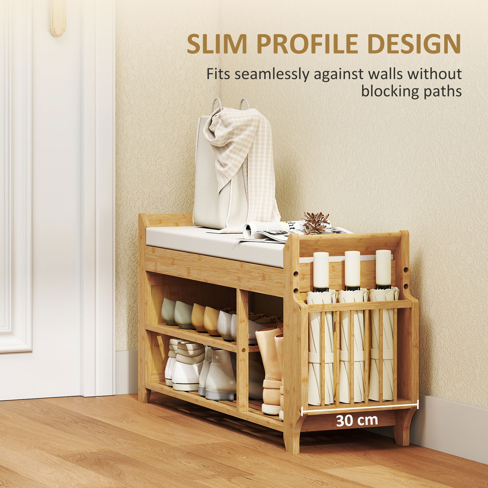 Shoe Bench with Cushioned Seat Shoe Storage Bench with Side Umbrella Holder for Entryway Natural and Cream