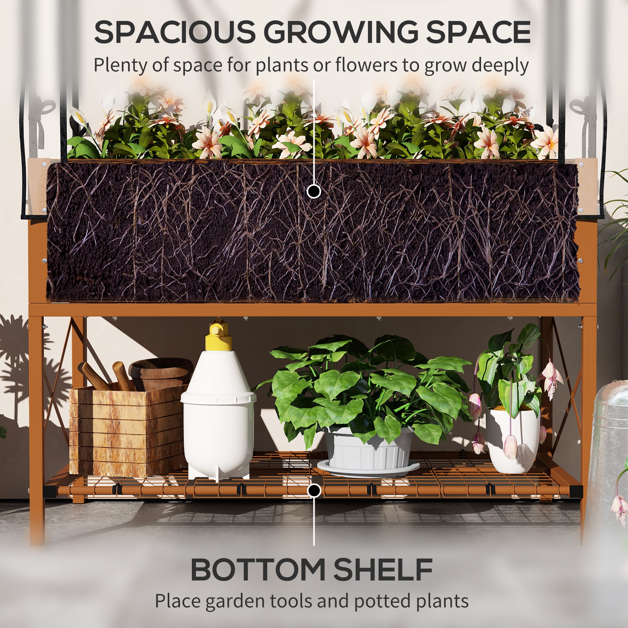 Raised Garden Bed with Legs and Cover, Metal Elevated Planter Box with Bottom Shelf and Liner for Vegetables, Brown - Brown - Image 5