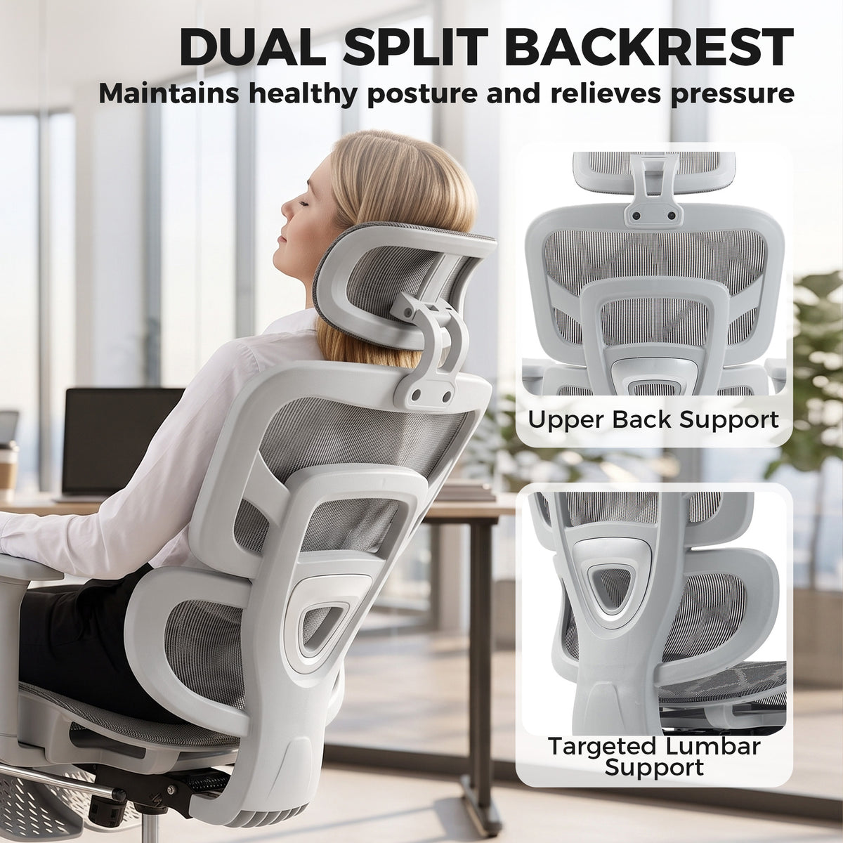 Ergonomic Office Chair with Lumbar Support, 2D Headrest, Mesh Reclining Desk Chair with Footrest, Swivel Wheels, Gray
