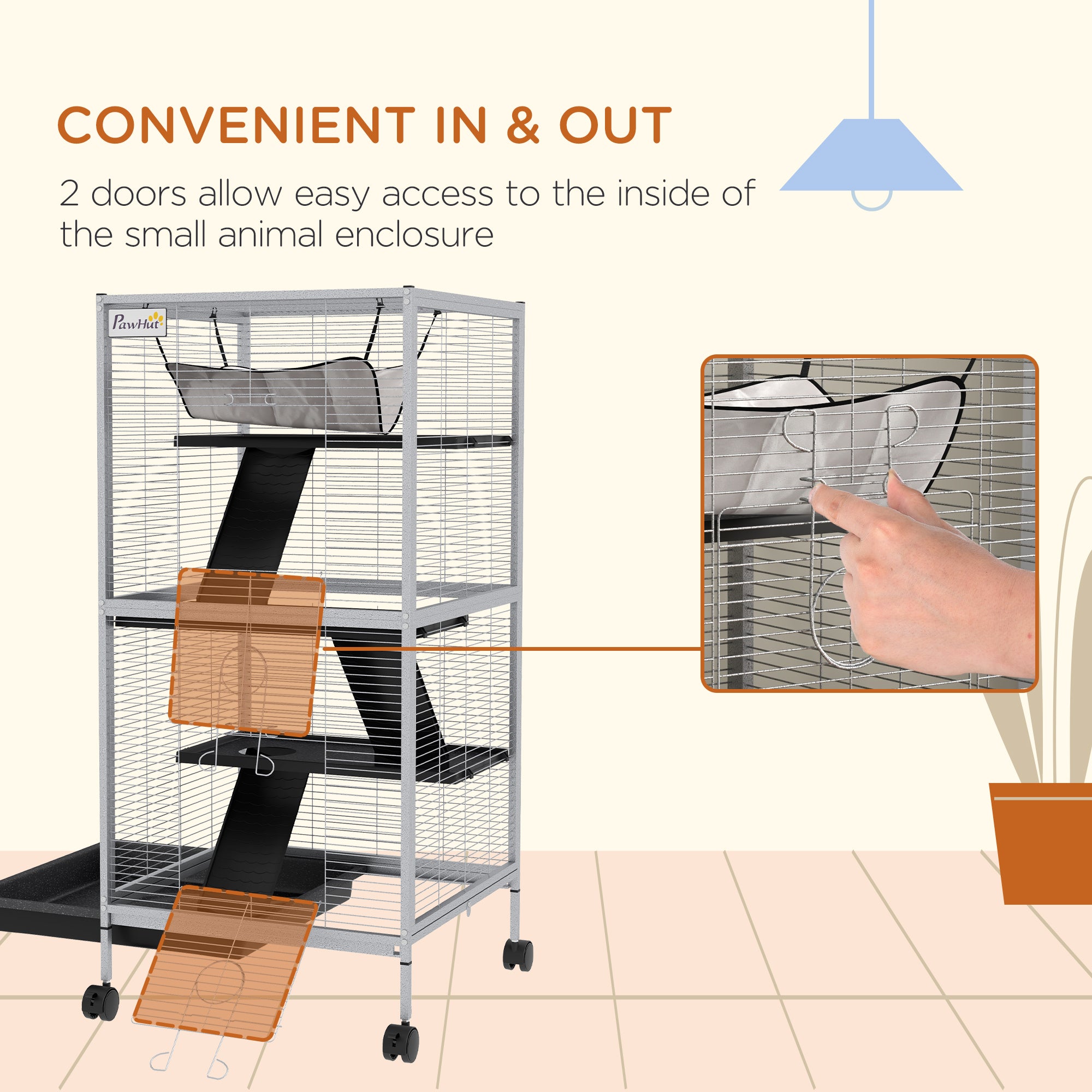 45" H Rolling Small Animal Cage with Hammock, Ferret Cage, Chinchilla Cage, Pet Habitat with 6 Doors, Removable Tray - White - Image 7