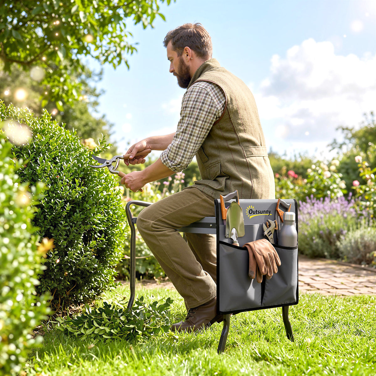 2-In-1 Garden Kneeler and Seat, Heavy Duty Foldable Garden Stool with Soft EVA Pad and Tool Pouch, Gray