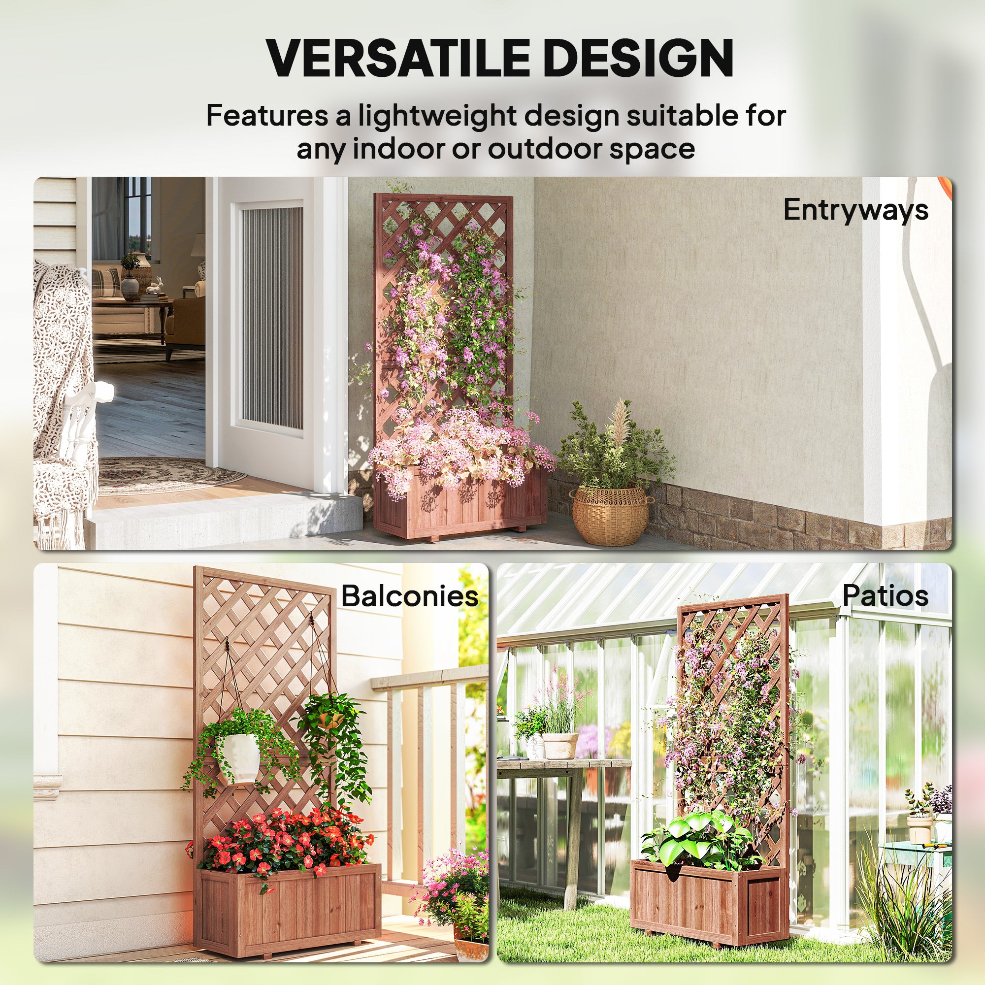 Wooden Raised Garden Bed with Trellis, 59" Outdoor Planter Box with Drainage Holes, Planter Raised Bed for Climbing Vine Plants Flowers, Orange - Orange - Image 6