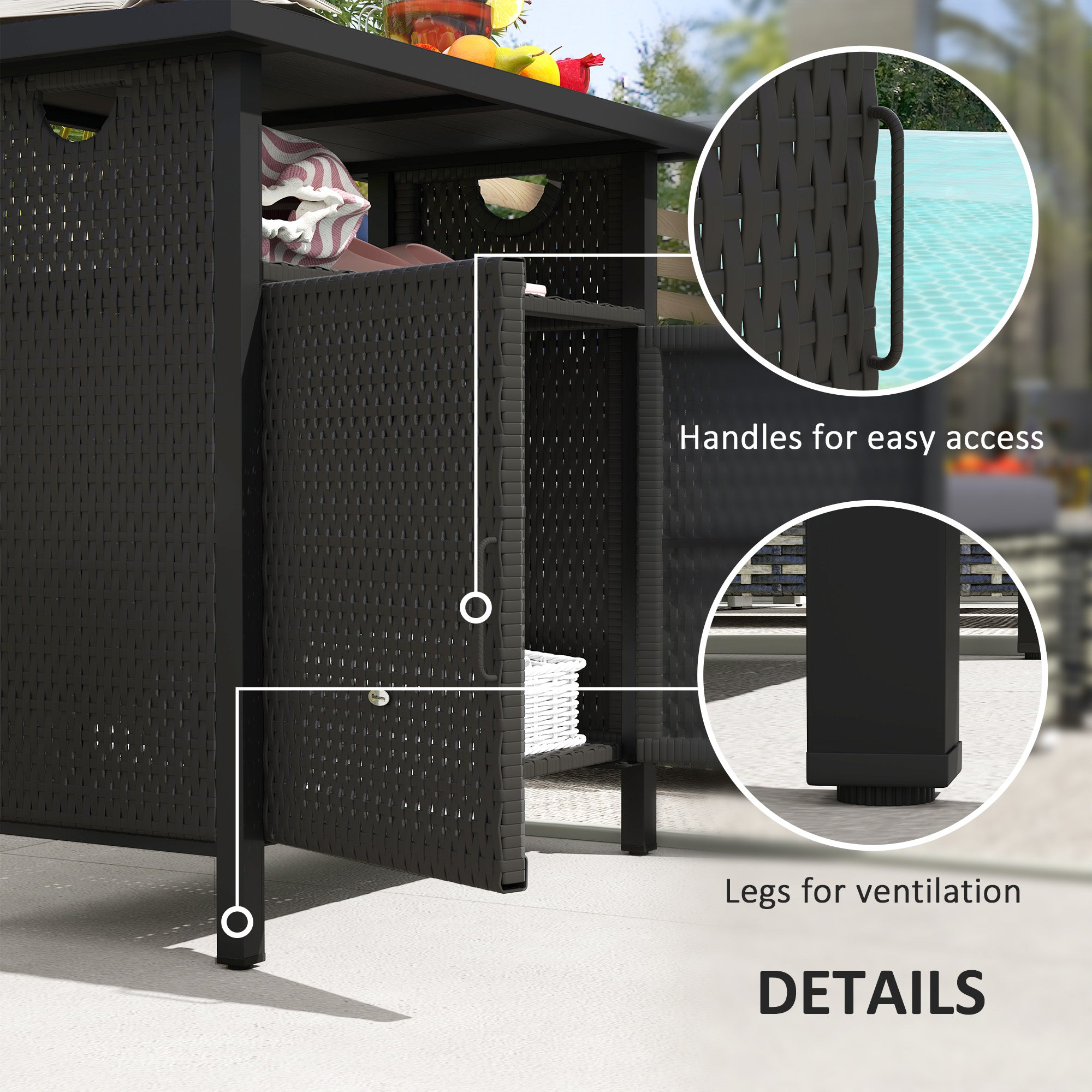 Outdoor Pool Towel Storage Cabinet Organizer, Outdoor Bar Table with Shelf and Cabinet, Pool Towel Holder Pool Valet with Weather-Resistant PE Rattan and Steel Frame, Espresso - Espresso - Image 6
