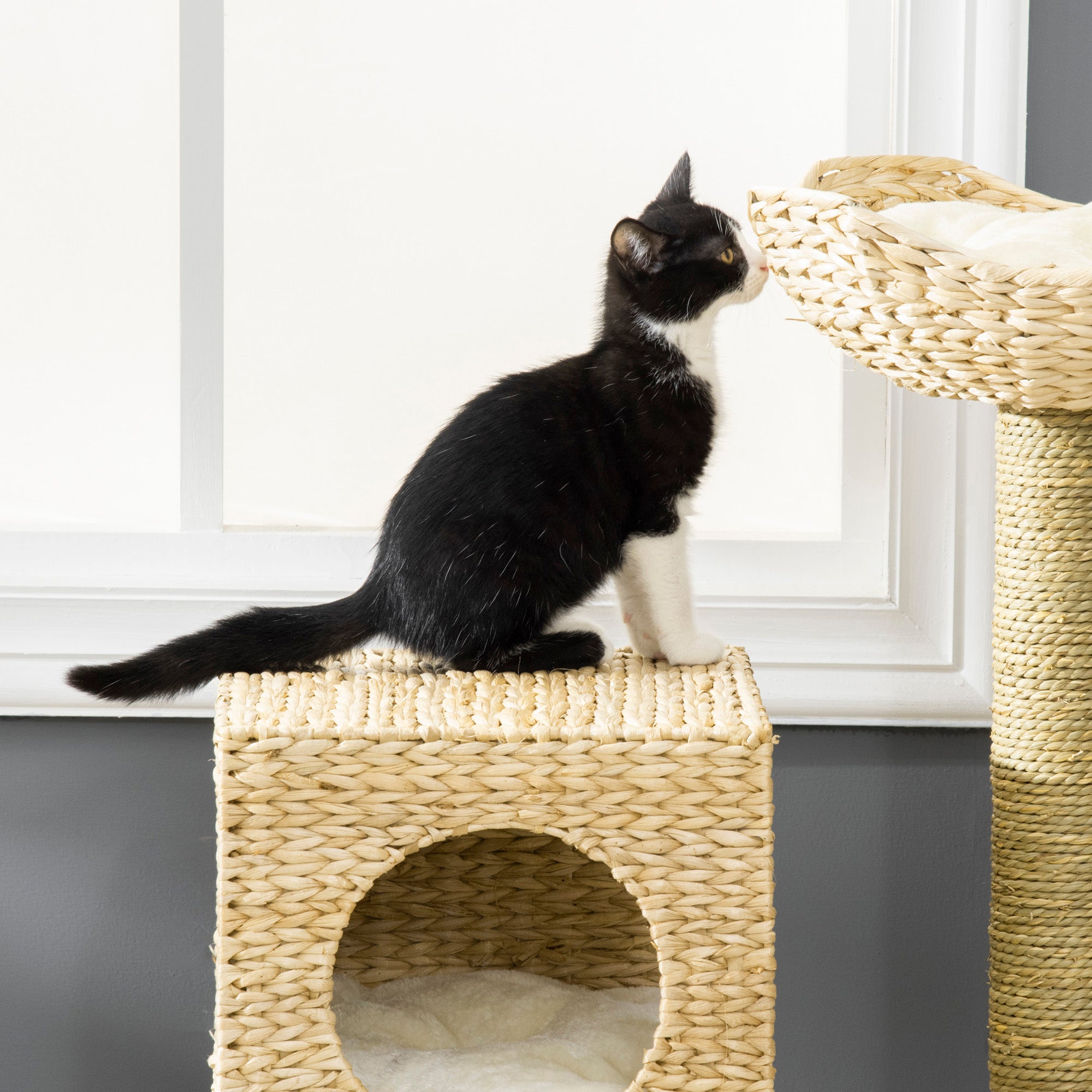 Cattail Weave Cat Tree for Indoor Cats Kitty Tower with Rattan Cat Condo, Wicker Bed, Ladder, Washable Cushions, 22.5" x 14.5" x 39.5", Natural - Natural Wood - Image 7