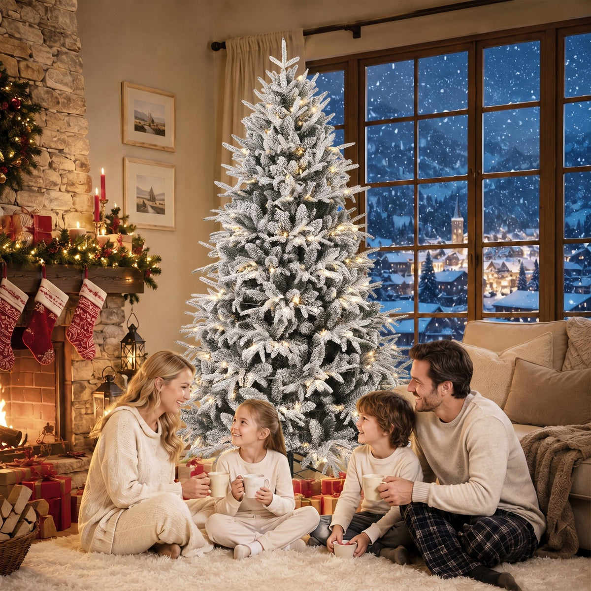 6ft Flocked Prelit Christmas Tree, Hinged Xmas Tree with 2015 Tips, 260 Warm White LED Lights, Green White
