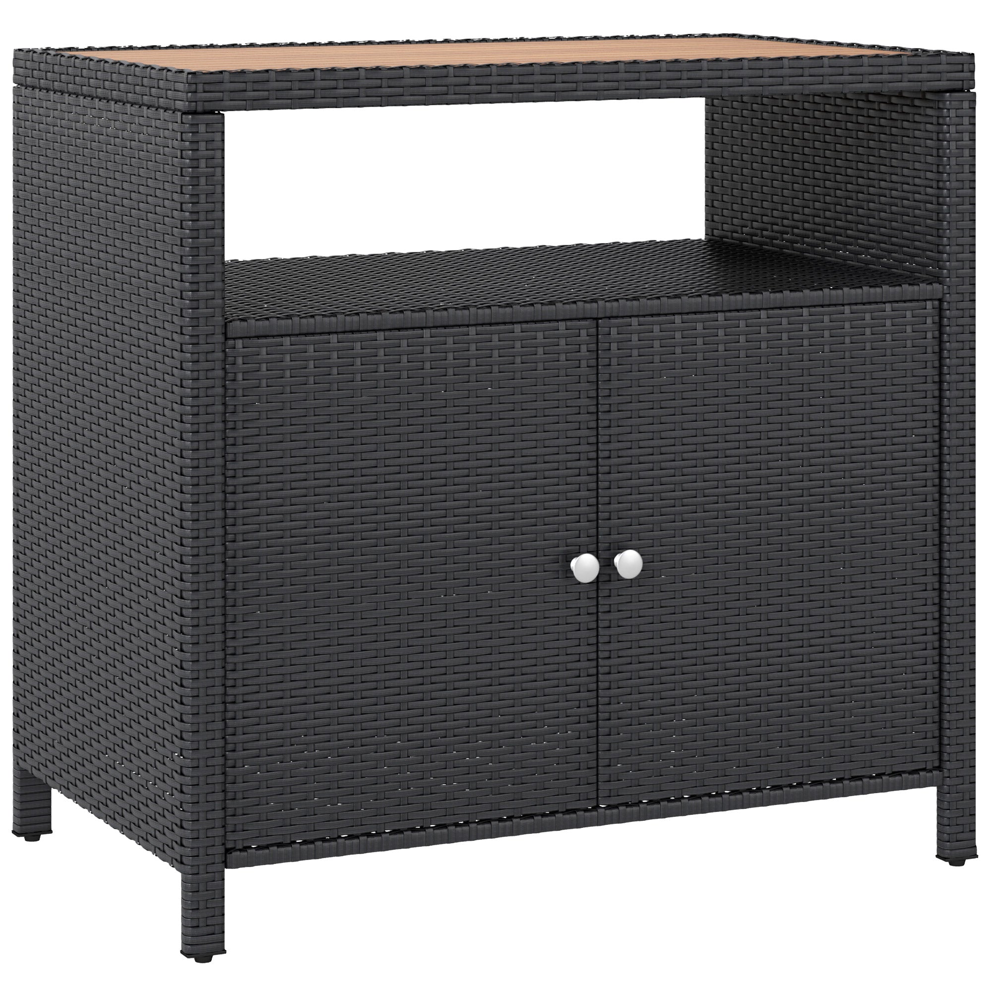 Outdoor Storage Cabinet with Acacia Wood Top, Two Doors, Shelf, Wicker Bar Table for Pool Towel Storage, Black - Black
