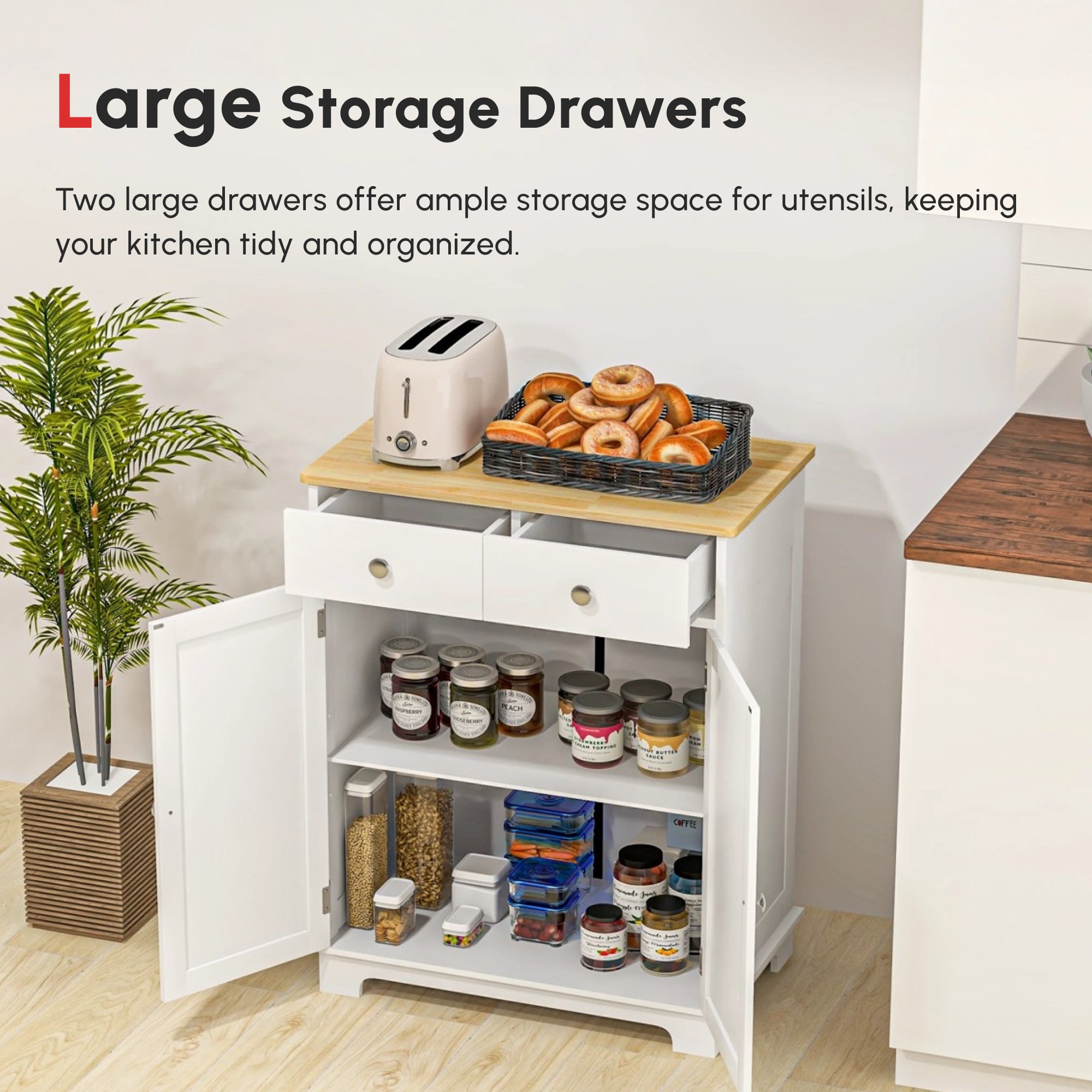 Kitchen Storage Cabinet, Sideboard Floor Cupboard with Solid Wood Top, Adjustable Shelf, and 2 Drawers, Distressed White