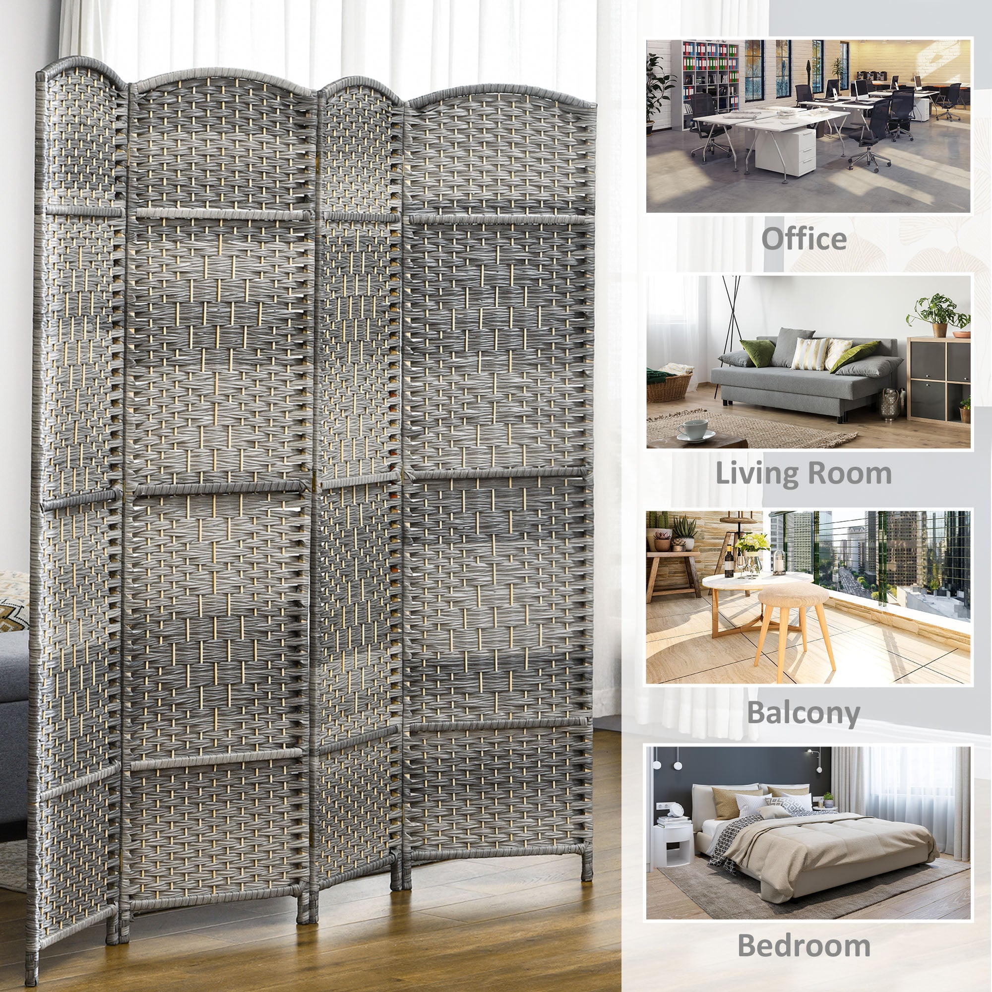 Folding Room Divider Screen 6 Panel 6' Tall Privacy Screen Freestanding Wood Partition for Home Office, Mixed Gray
