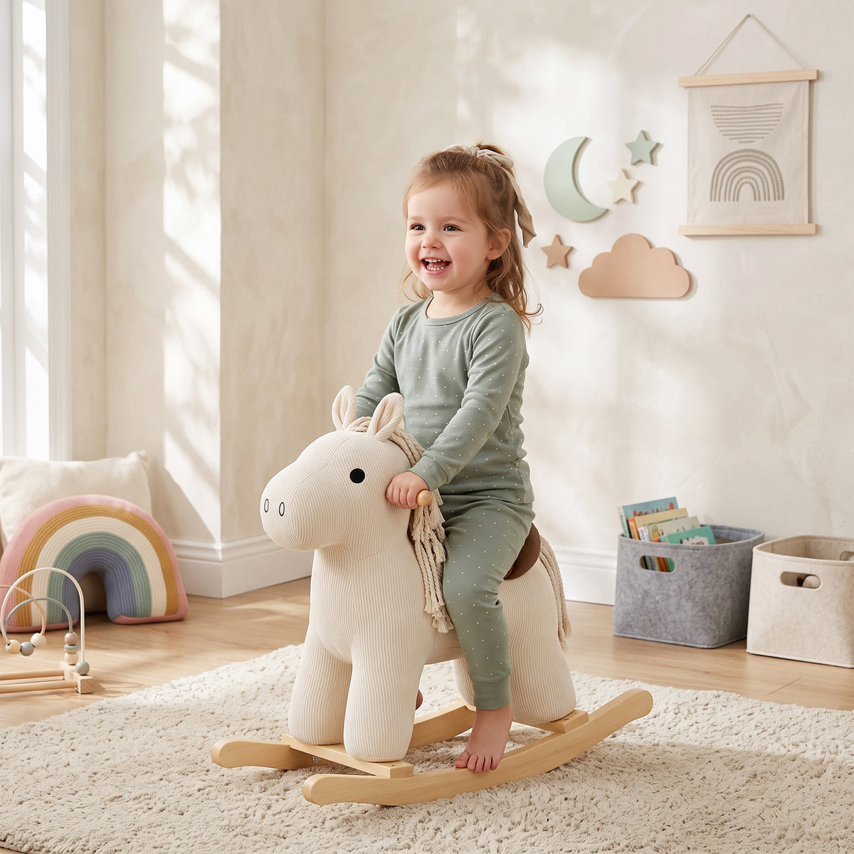 Baby Rocking Horse, Wooden Ride on Horse Toy with Realistic Sound and Rocking Limiter, Plush Ride-On Rocker for Toddlers