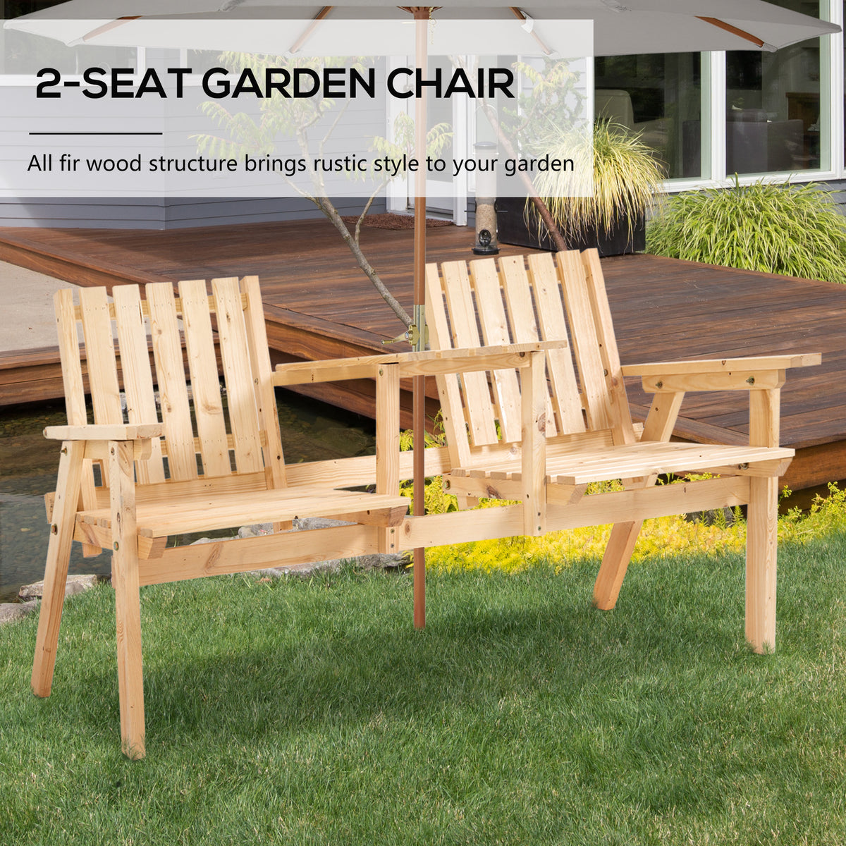 Patio Bench, Garden Bench with Middle Table and Umbrella Hole, Wooden Outdoor Bench for Patio, Porch, Poolside, Balcony, Natural