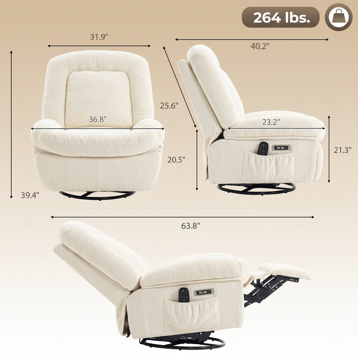 Oversized Power Recliner Chair with Massage and Heat, USB Port, Overstuffed Chenille Swivel Rocker Recliner, Cream White