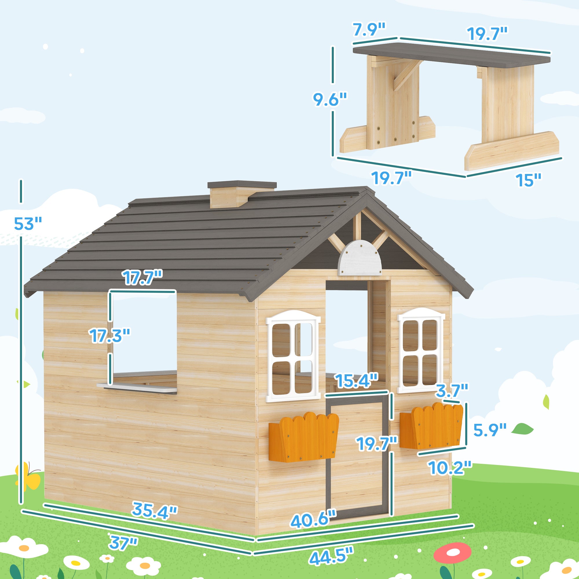 Wooden Playhouse for Kids Outdoor Garden Pretend Play Games, Adventures Cottage, with Working Door, Windows, Bench, Service Station, Flowers Pot Holder, for 3-7 Years Old
