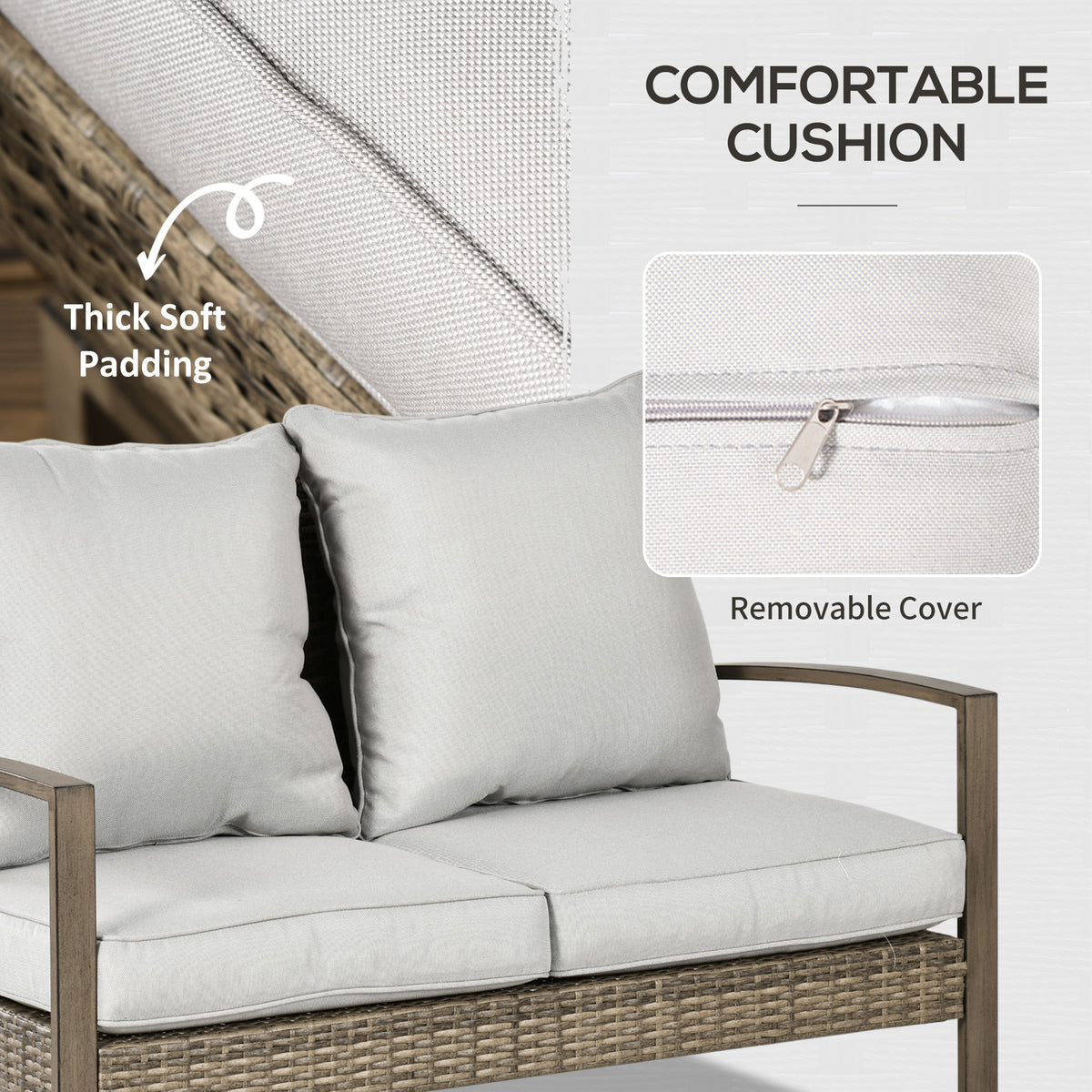 4 Piece Wicker Patio Furniture Set with 2 Rocking Chairs, Loveseat Sofa, Outdoor PE Rattan Conversation Set with Cushions, Aluminum Table for Porch, Poolside, Light Gray