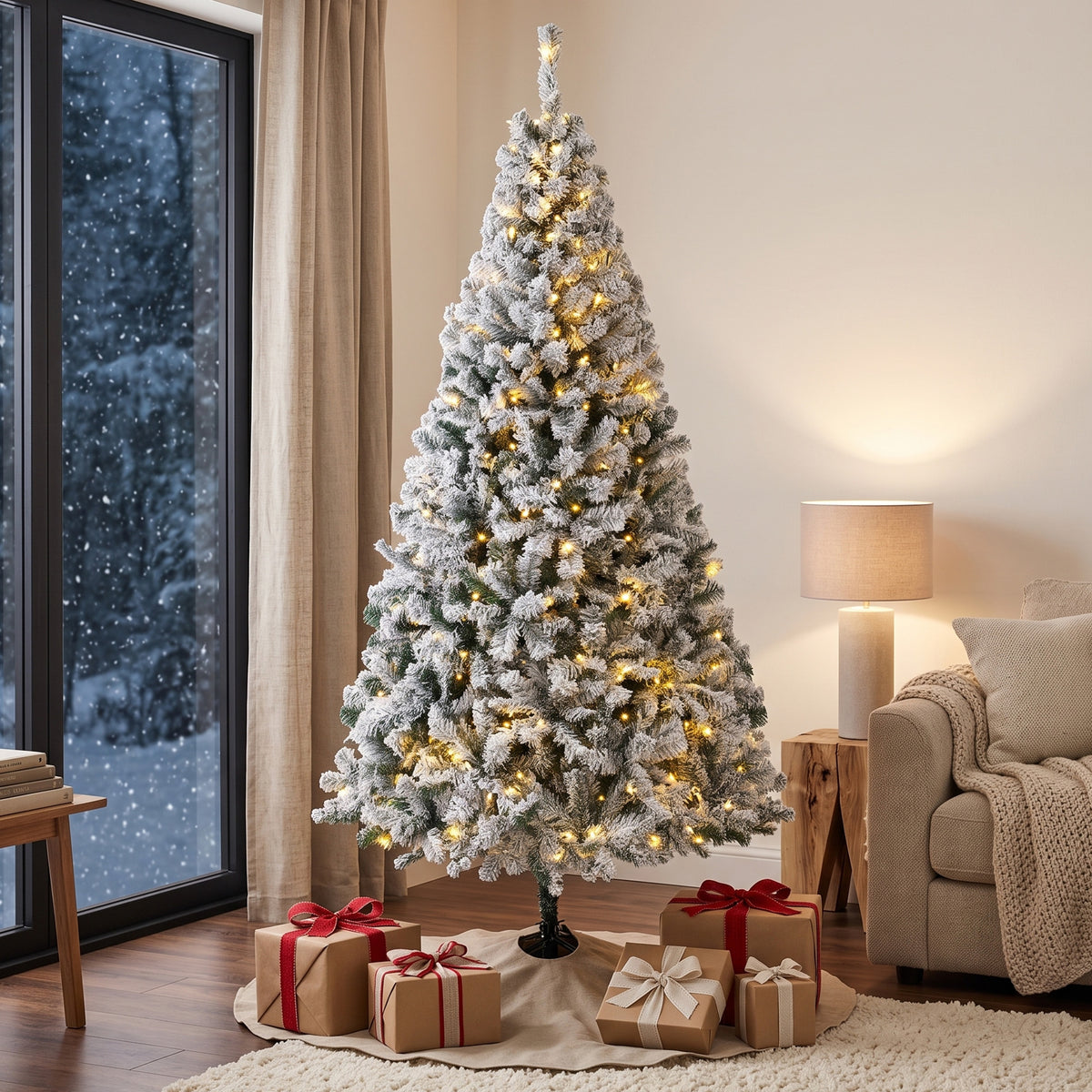 6ft Flocked Prelit Christmas Tree, Fraser Fir, Hinged Xmas Tree with LEDs, Foldable Metal Base, Green White