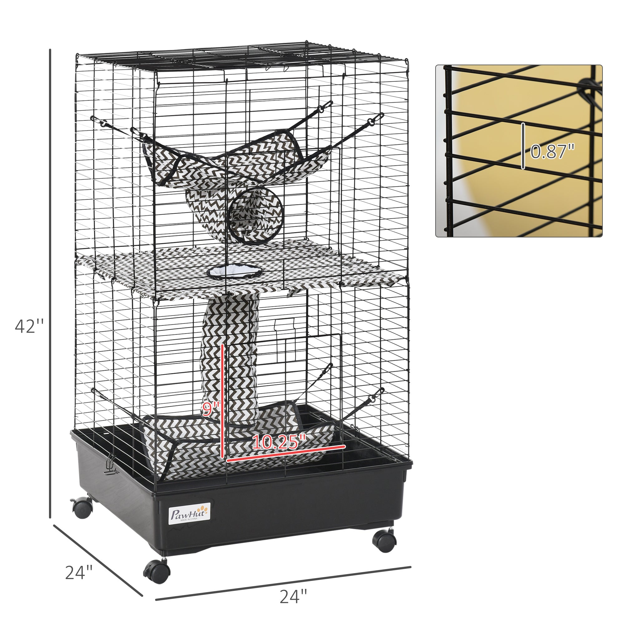 42" Ferret Cage, Small Animal Habitat Metal Pet Cage with Wheels Brakes, Hammocks, Hanging Tunnels, and 3 Doors, Black - black - Image 3