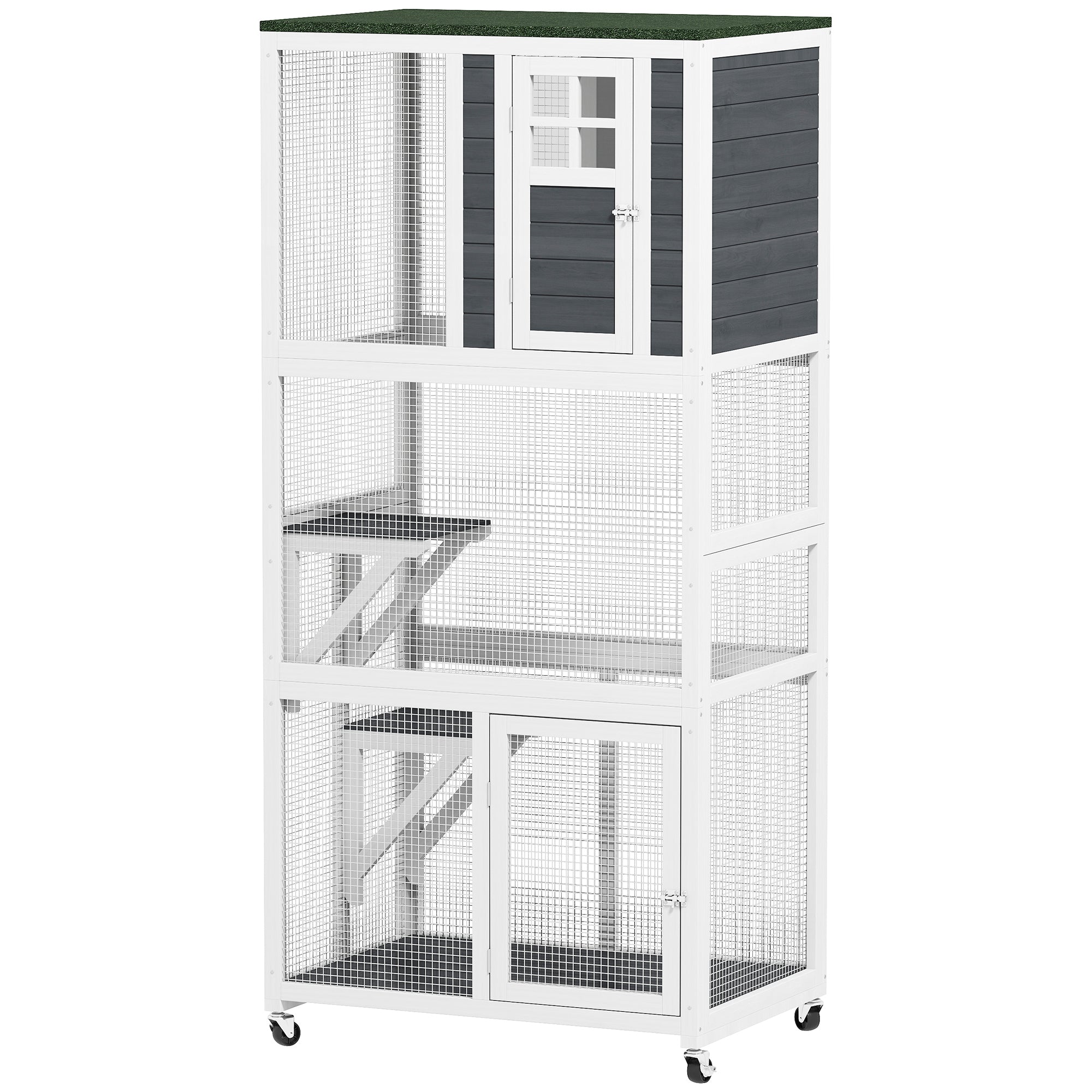74" Wooden Catio Outdoor Cat Enclosure Weatherproof & Wheeled, Outside Cat House with High Weight Capacity, Kitten Cage Condo, White - Dark Gray