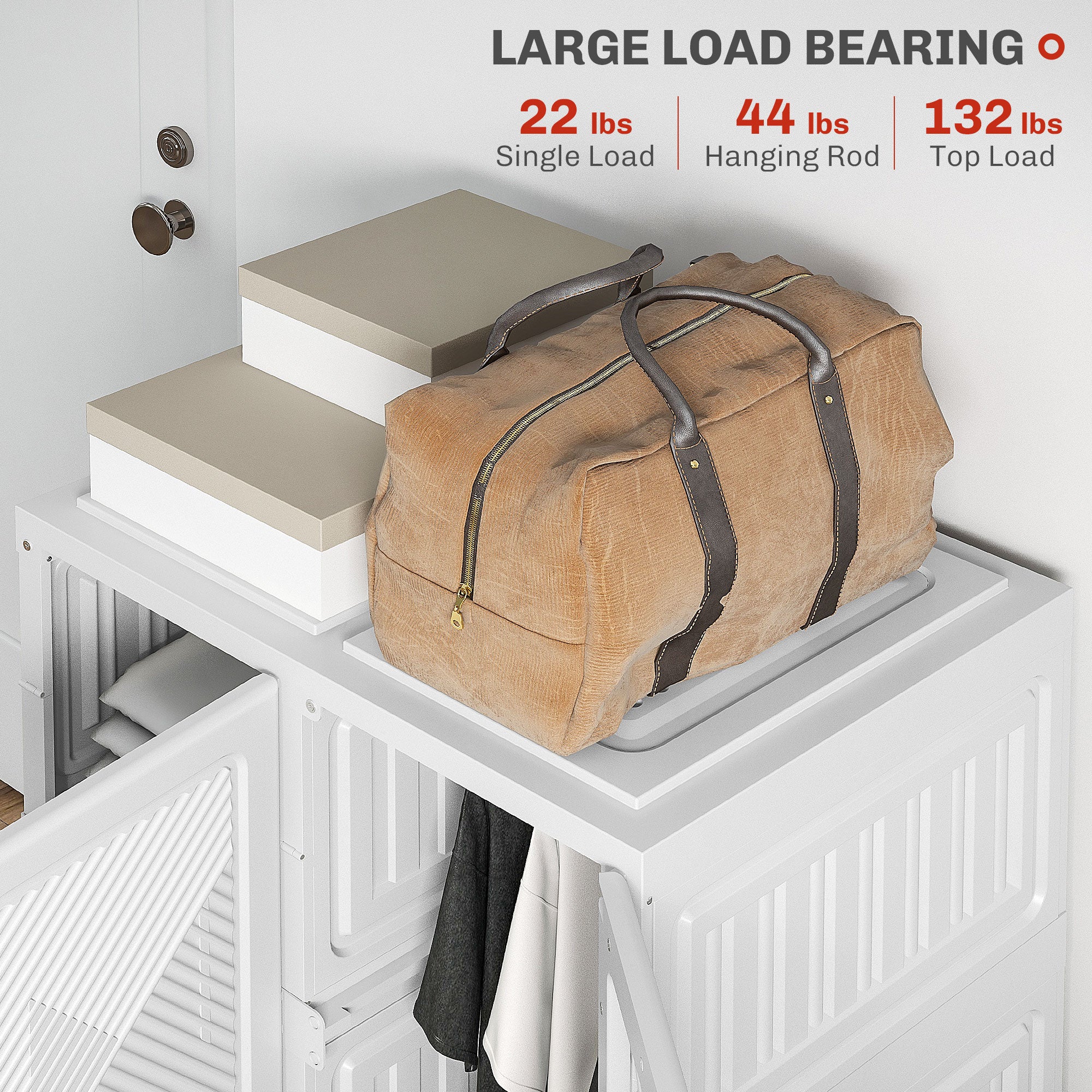 Portable Wardrobe, Foldable Clothes Storage Organizer with 3 Compartments, Hanging Rod, Magnet Doors, White