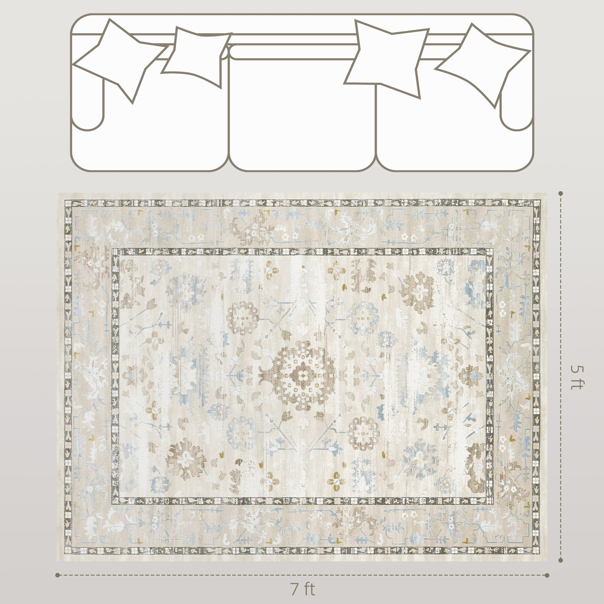 5x7 Area Rug, Indoor Boho Machine Washable Carpet for Living Room, Bedroom, Dining Room, Kitchen, Blue