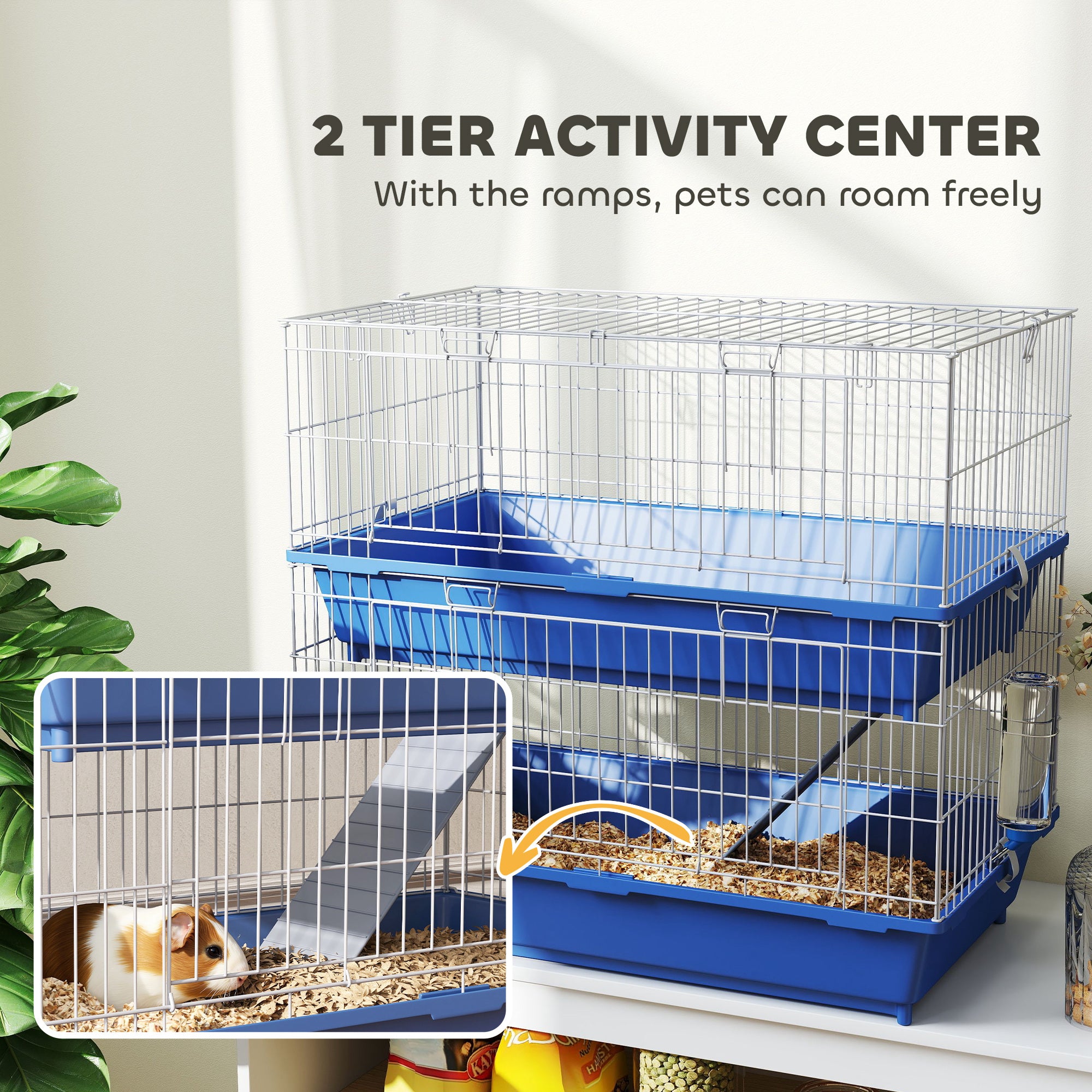 2-Tier Guinea Pig Cage, Ferret Cage, Chinchilla Cage, Small Animal Cage Indoor with Dish and Bottle, 2 Doors, Deep Bottoms, Ramp, 28", Blue - Blue - Image 6