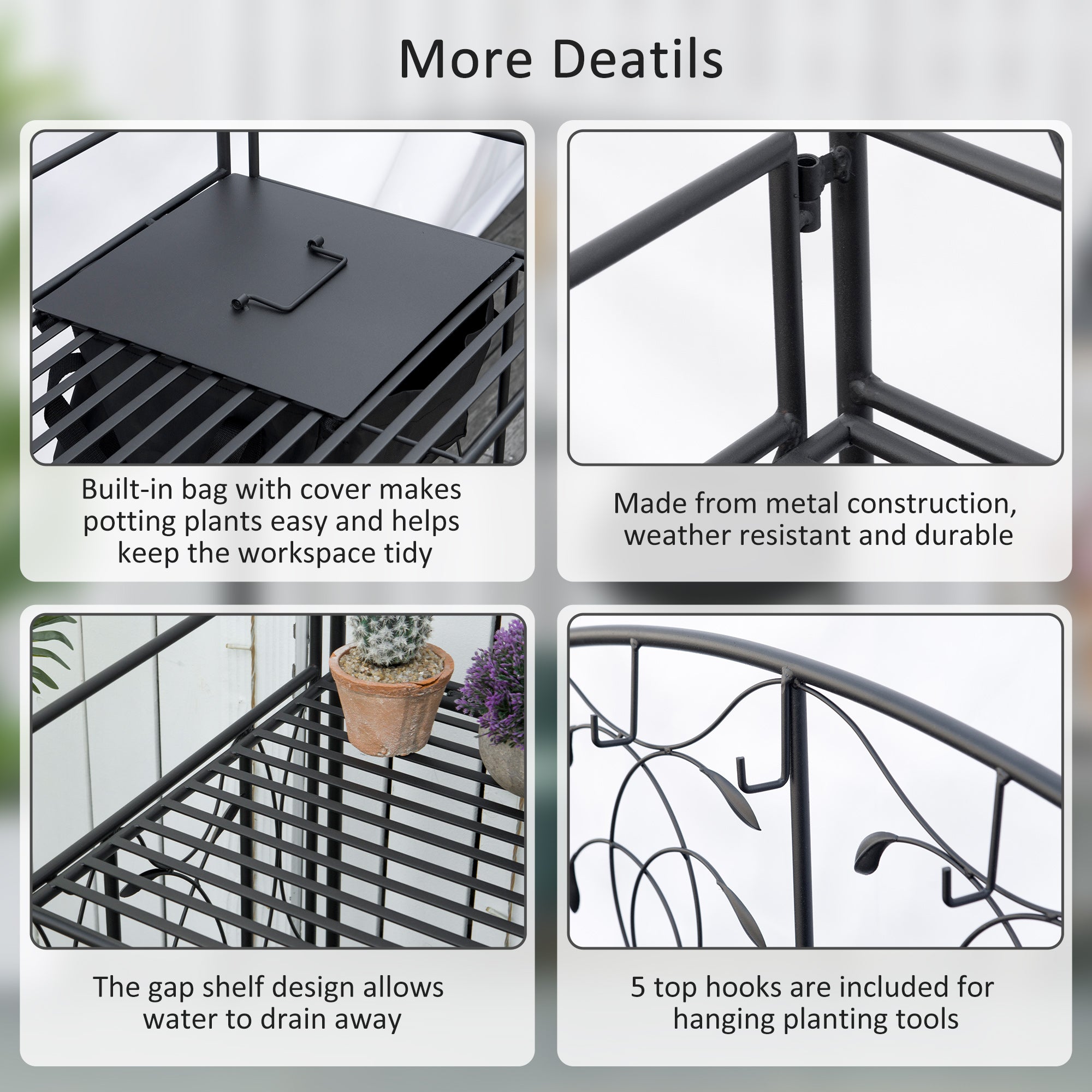 Folding Potting Bench Table, Metal Garden Workstation, Work Bench with Large Built-in Bag with Cover, 5 Hanging Hooks & Storage Shelf, Leaf Pattern - Black - Image 6
