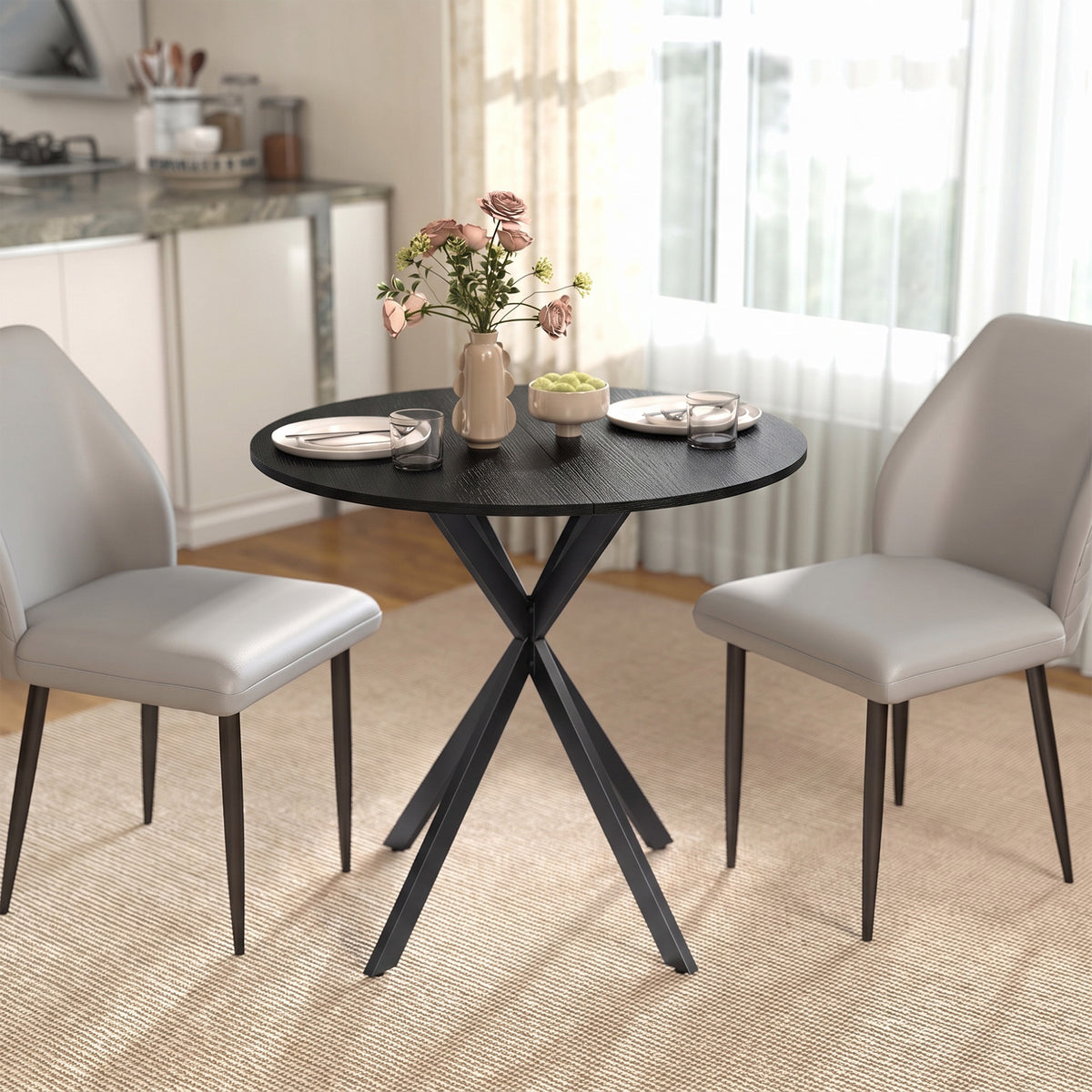 31.5" Small Round Dining Table for 2, Industrial Kitchen Table with Cross Steel Legs for Dining Room, Distressed Black