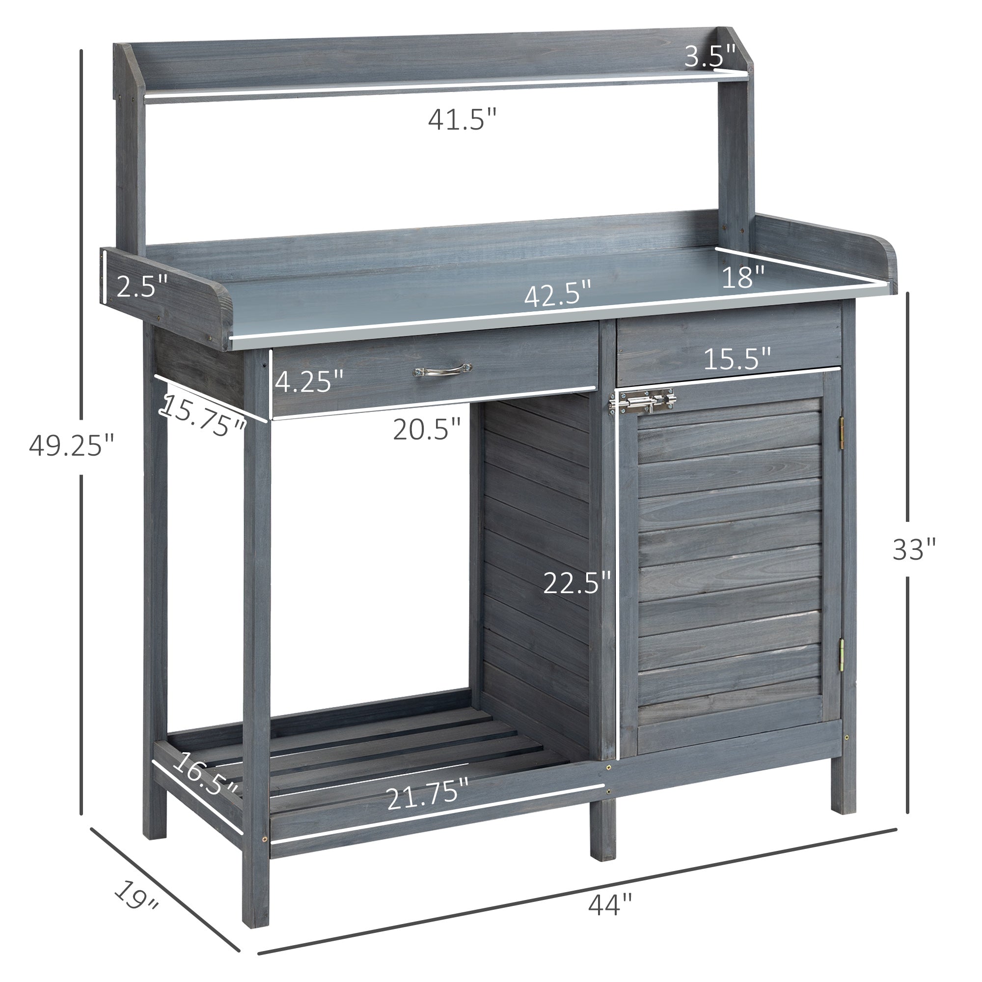Outdoor Potting Bench Table, Garden Work Station with Storage Cabinet, Open Shelf and Steel Tabletop, Gray - Grey - Image 3