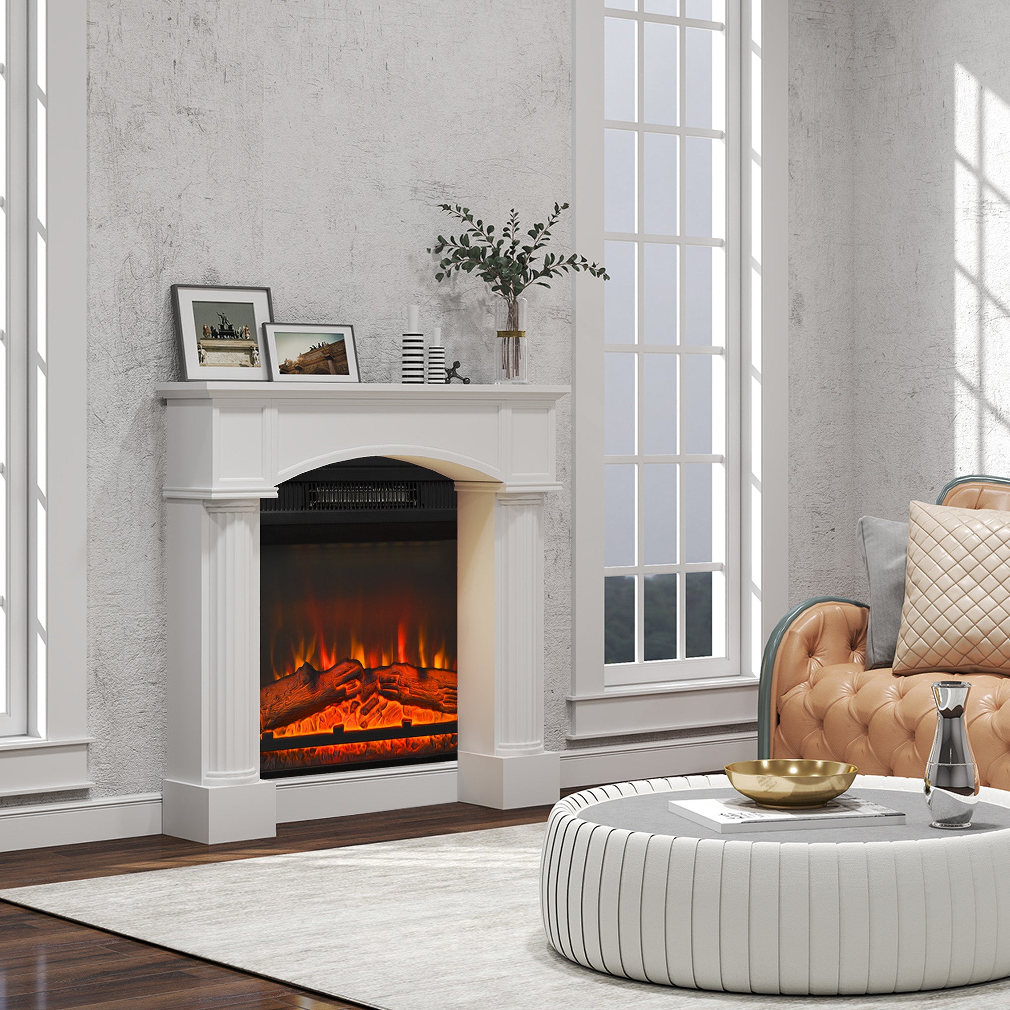 Modern Fireplace Mantel, Freestanding Fireplace Surround for Electric Fireplaces, 43.3" W x 39.8" H, White