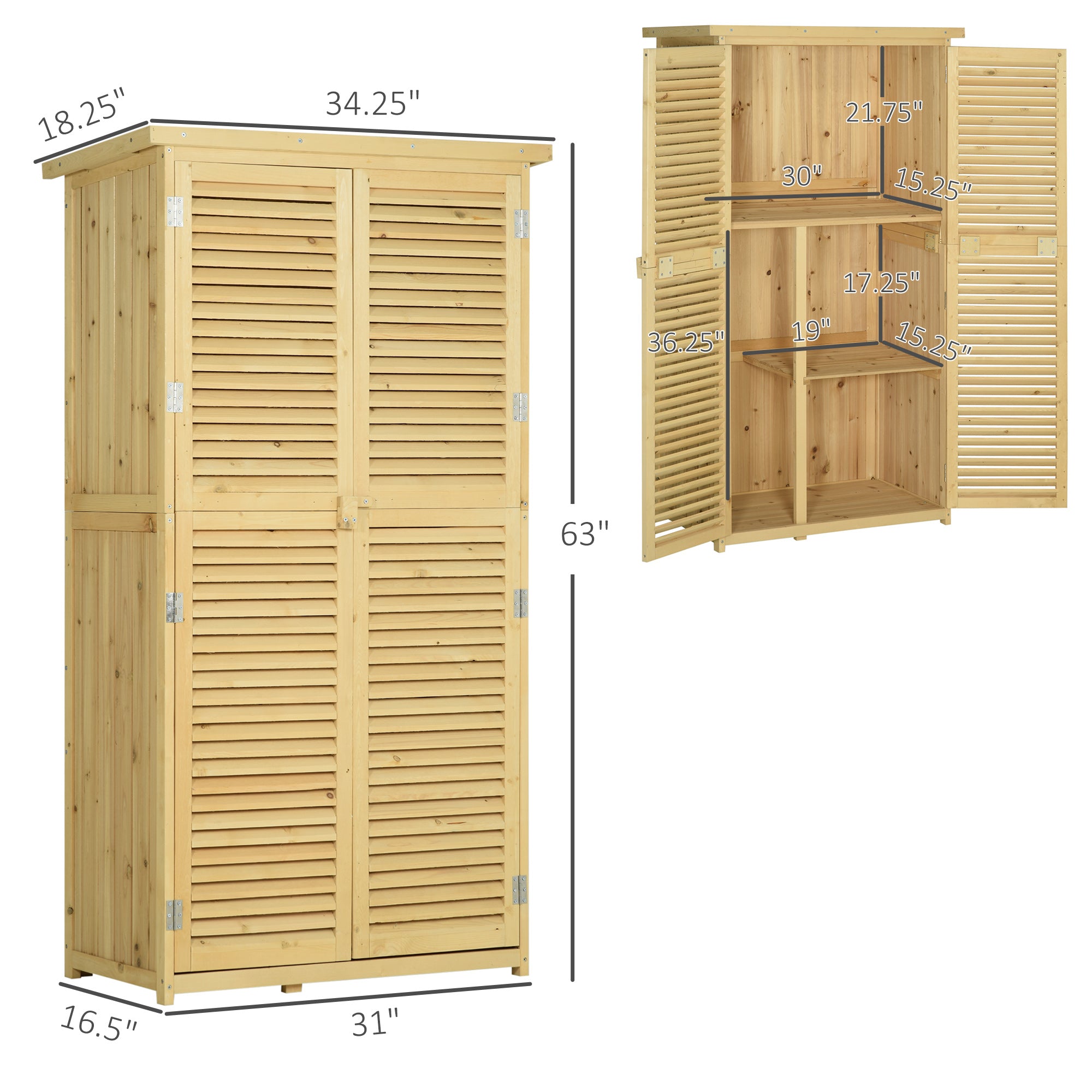 5' x 3' Wooden Outdoor Storage Cabinet, Garden Sheds & Outdoor Storage with Asphalt Roof & 2 Large Wood Doors with Lock, Natural - Natural Wood - Image 3