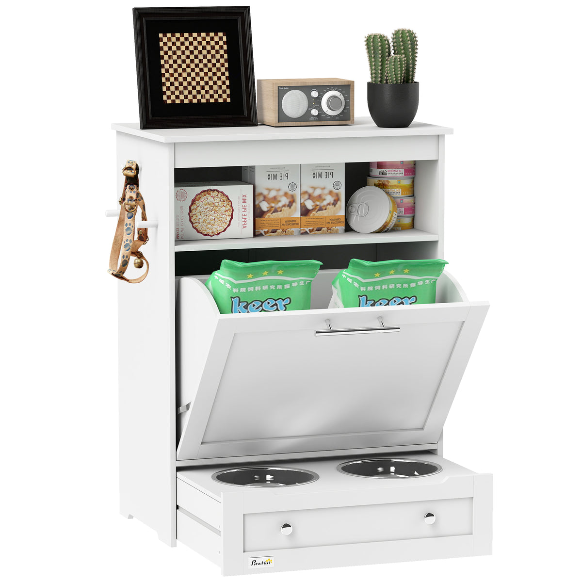 Pet Feeder Station Storage Cabinet, Dog Food Storage Container with Dog Raised Bowls, Watering Supplies, White
