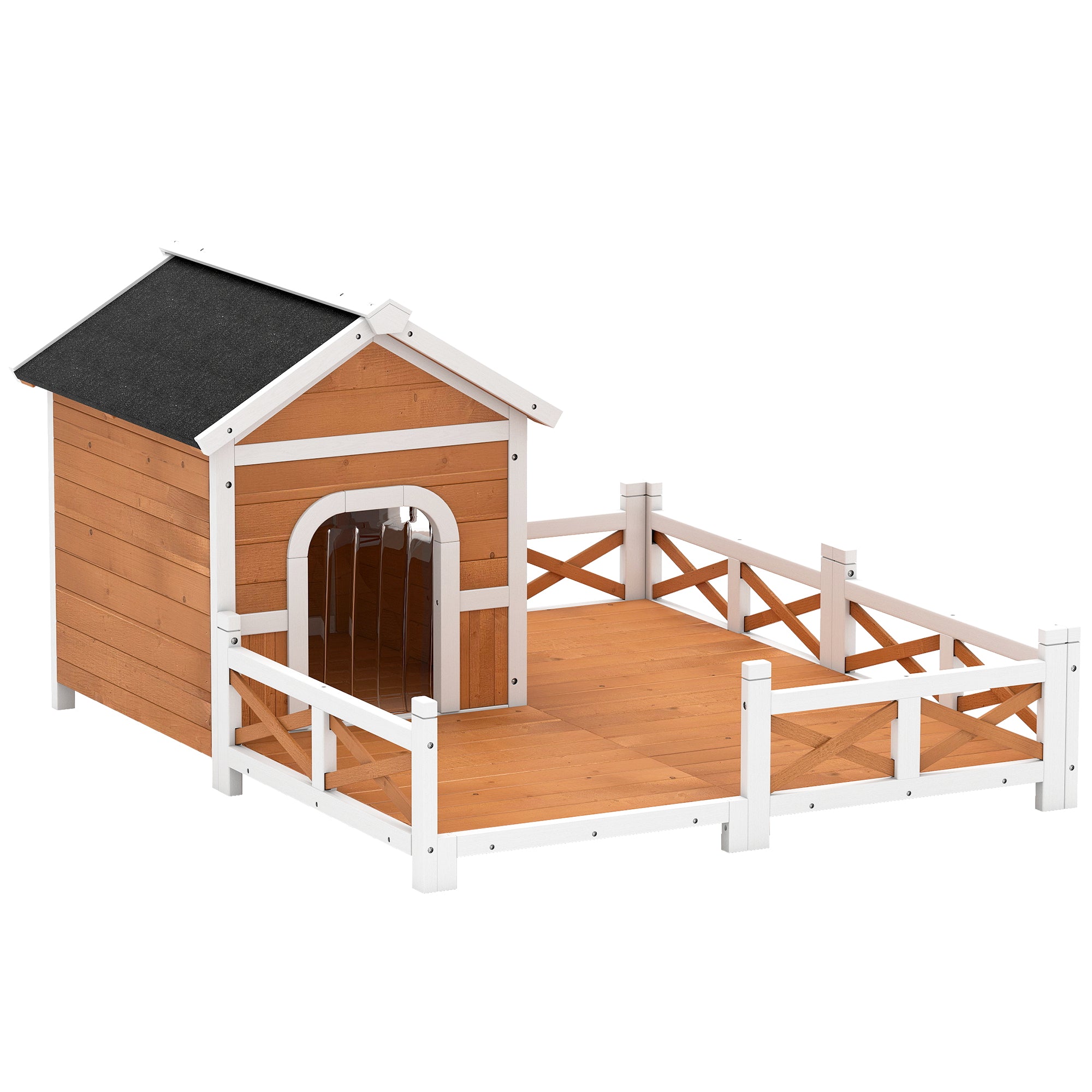 Outdoor Wooden Dog House, Dog Shelter with Large Porch, Weatherproof & Openable Roof, Elevated Base, Removable Floor - Orange