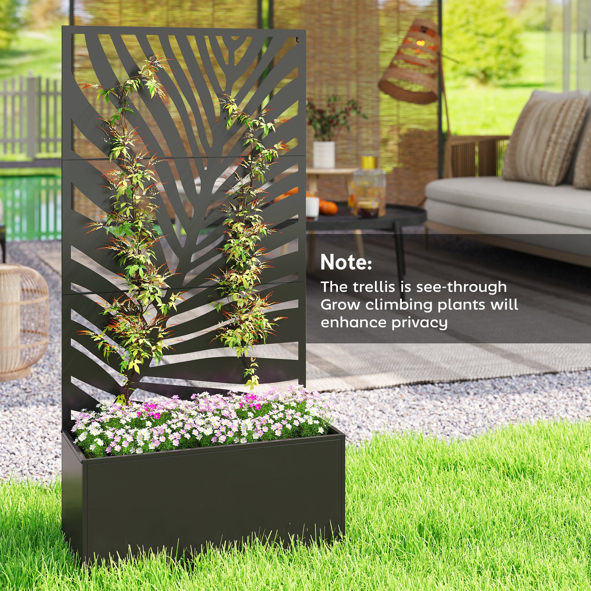 Metal Planter Box with Trellis, Raised Garden Bed with Trellis Large Leaf Cut-Out Privacy Screen for Climbing Plants - Black - Image 7