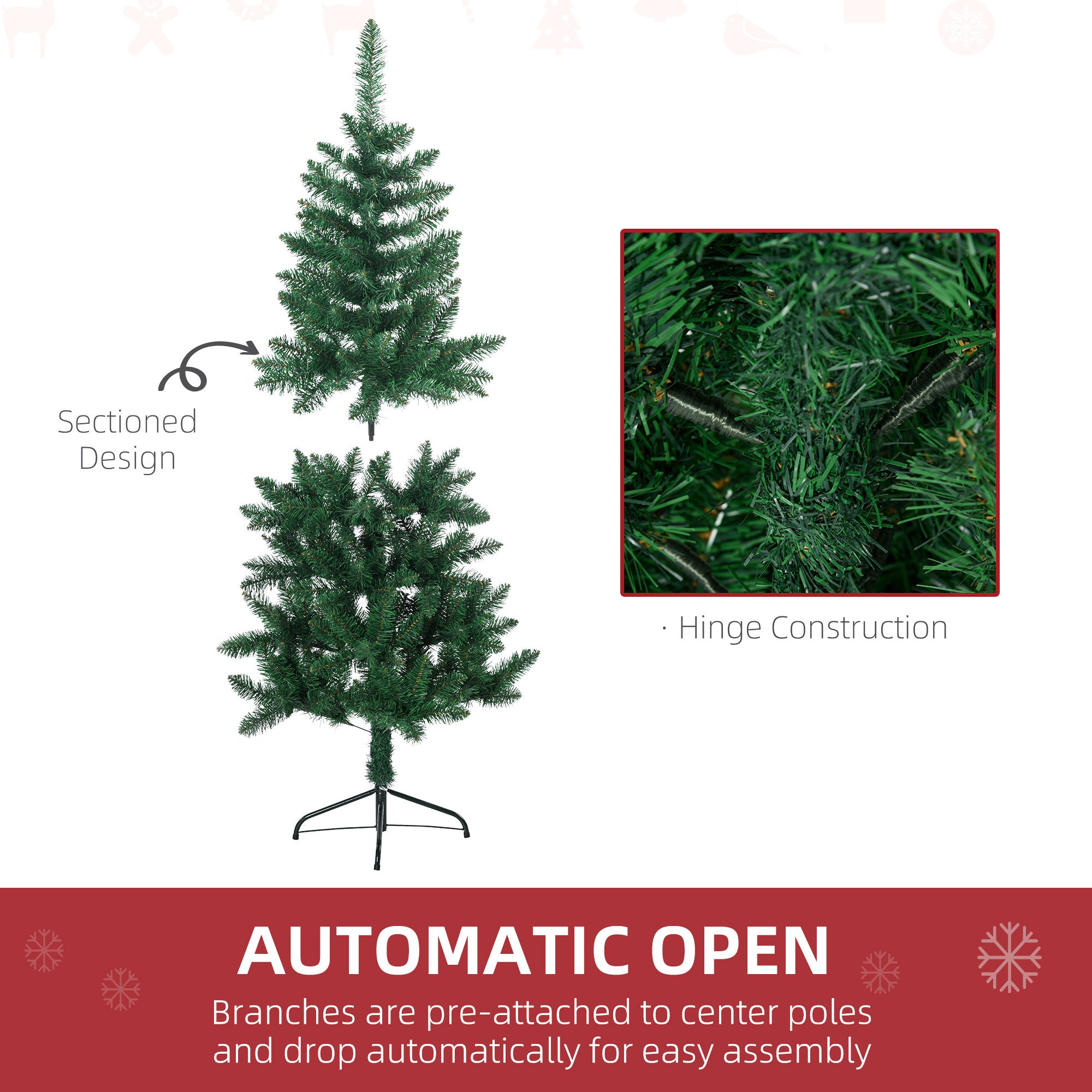5' Artificial Half Christmas Trees with Auto Open, Steel Base, for Indoor Xmas Décor