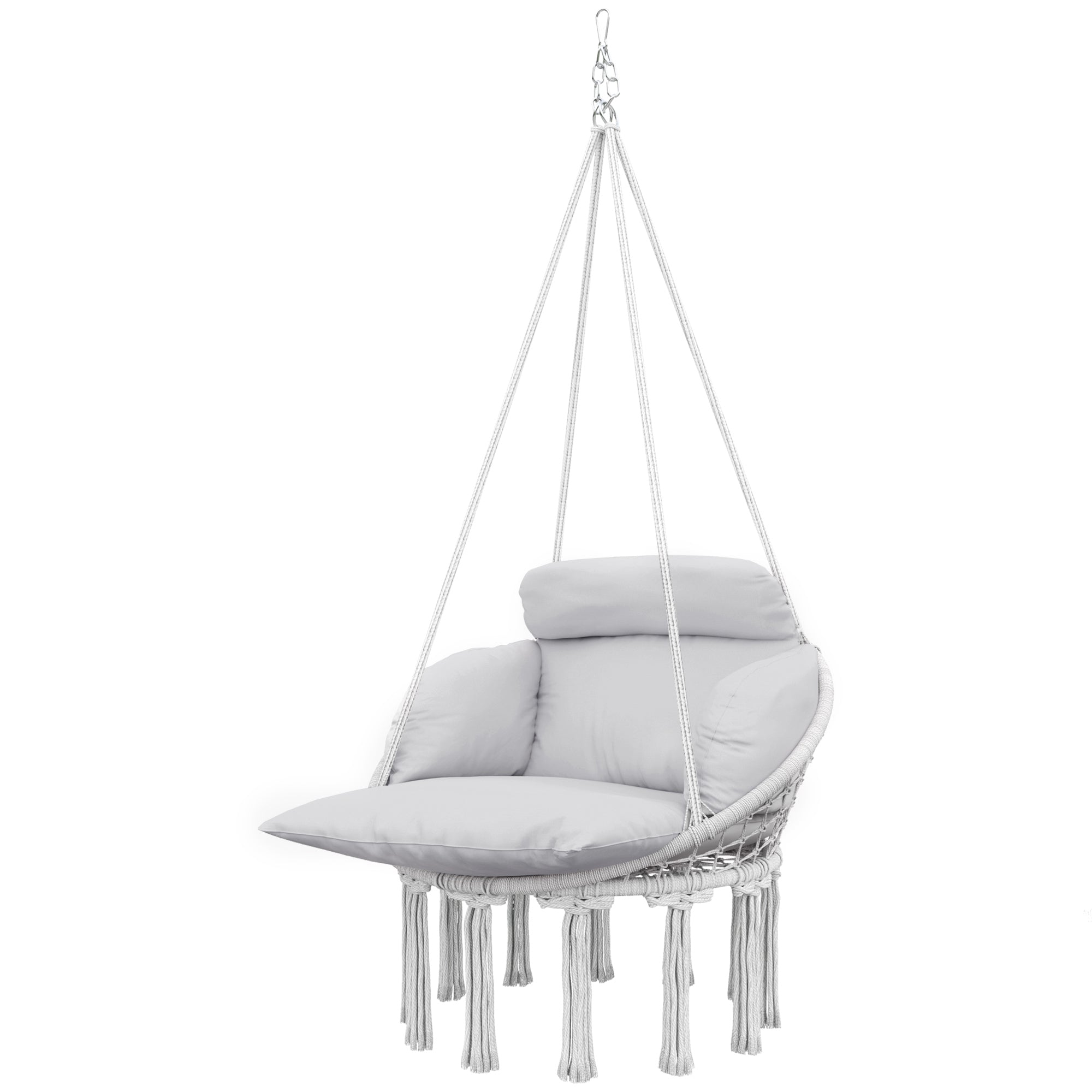 Hammock Swing Chair, Macrame Hanging Chair with Large Cushion, Chain, Steel Frame for Indoor Outdoor Use, Dark Gray